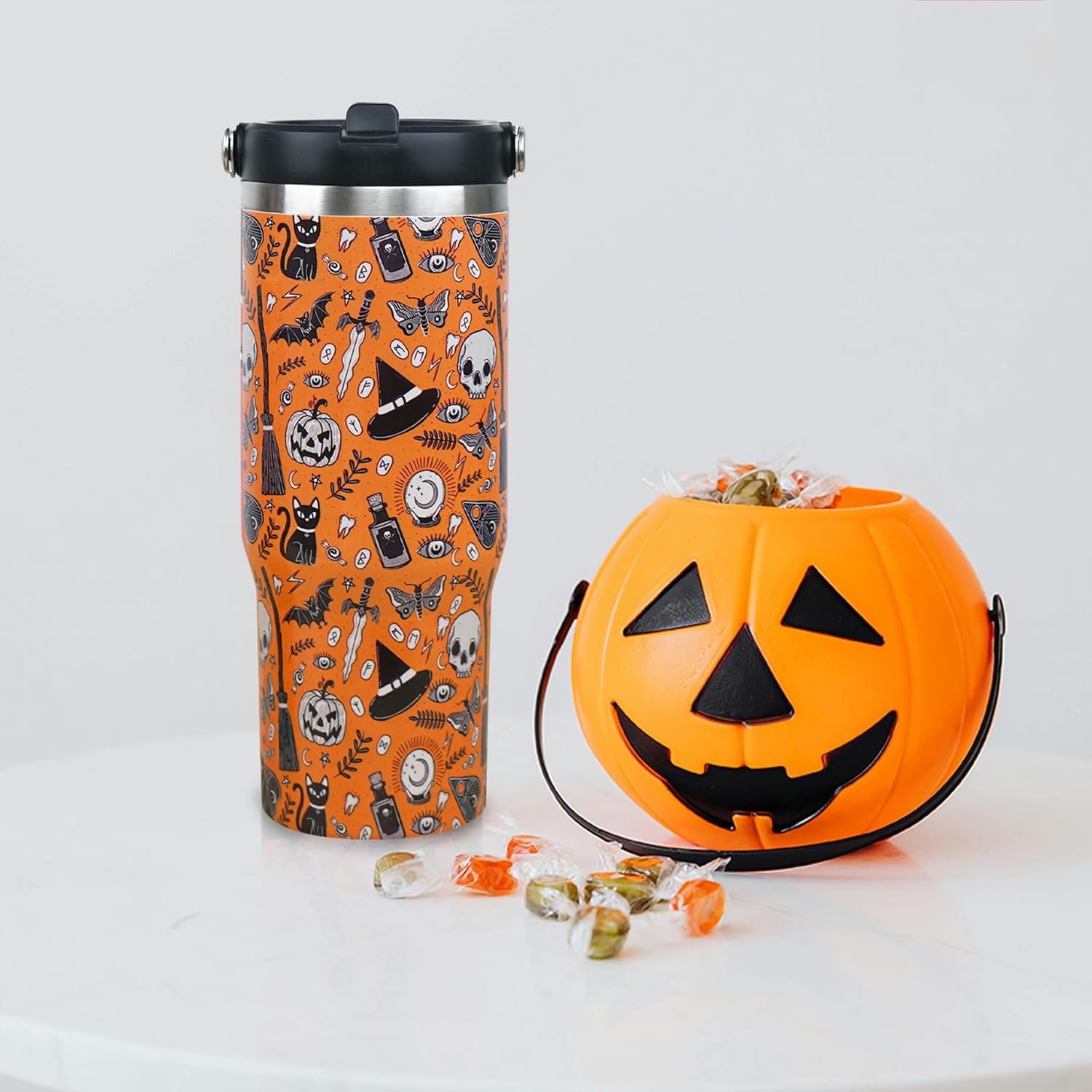 30oz Halloween Tumbler with Handle and Straw, Goth Black Cat Insulated Tumbler, Pumpkin Bat Skull Leak Proof Travel Coffee Mug, Reusable Stainless Steel Witch Tumbler, Halloween Gifts for Women - Image 2