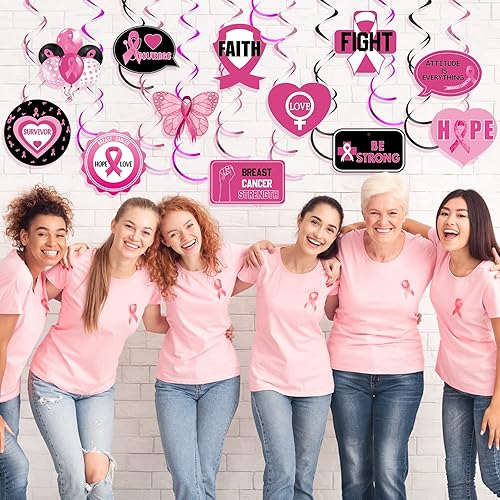Miniatura 6 de 24 piezas colgantes de conciencia sobre el cáncer de mama, decoración de techo para fiesta de cáncer de mama, cinta rosa, fortaleza, coraje para