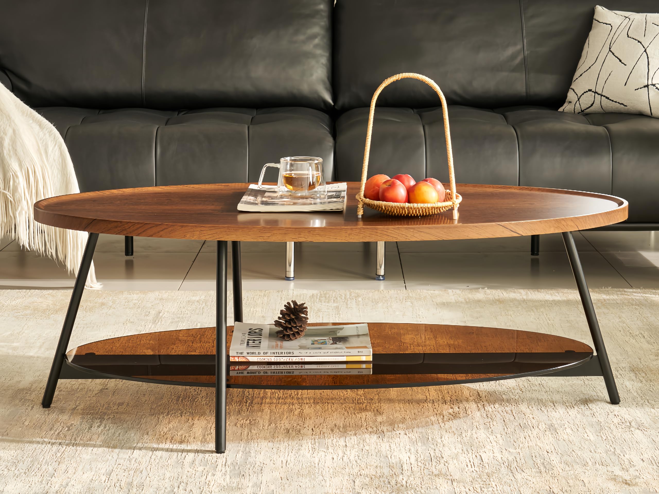 Shrine Glass Coffee Table, Black Walnut Table for Living Room, Glass and Wood Table, 43.3" D x 21.6" W x 15.7" H, Brown Glass Base, Walnut Wood Top&
