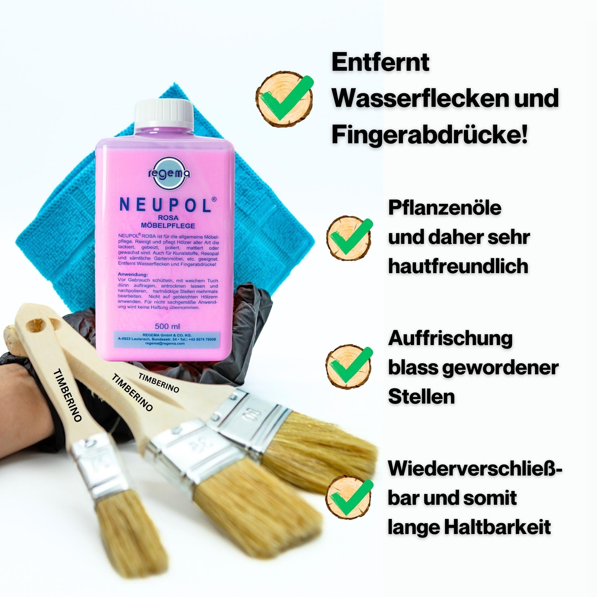 TIMBERINO Pflegeset Neupol Rosa Holzöl [500ml] Möbelpolitur Holz Innen Gartenmöbel Echtholz Furnier Kunststoff Resopal [Holzöl+Öltuch+Pinsel+Handschuh] WPC Pflege Arbeitsplatten Öl
