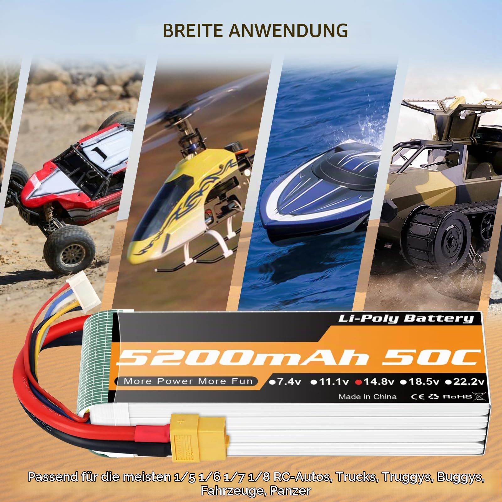 4S Lipo Akku 5200mAh 14,8V 50C XT60 Stecker für RC Fahrzeuge Drohne 2Stück | 14,8 V Lipo Batterie 5200 mAh 50C, weiches Gehäuse XT60 und Dean's T-Stecker für 1/8- 1/7 RC Fahrzeuge, Boote, Drohnen