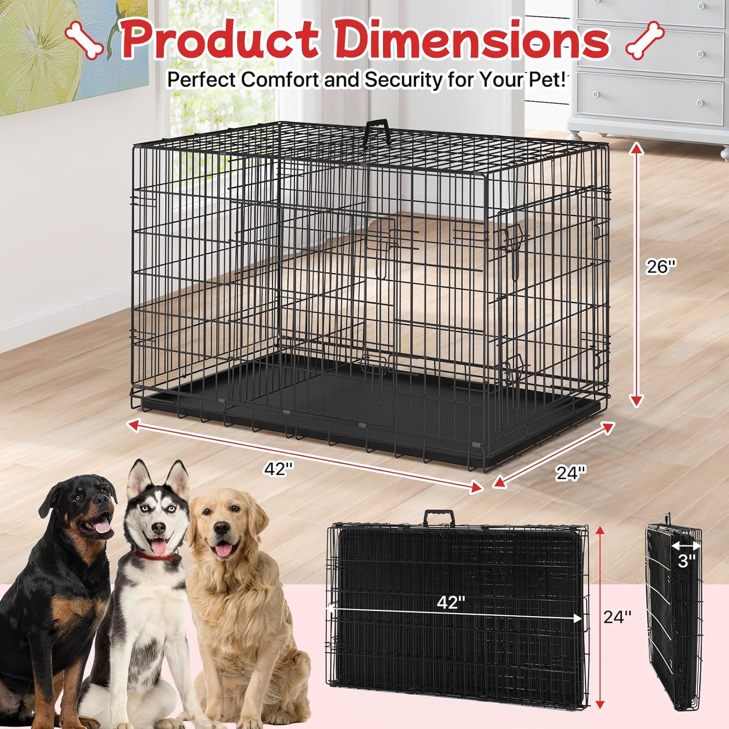 42 Inch Dog Crate Dog Cage with Double Door & Carrying Handle - Large Metal Dog Crates Dog Kennel with ABS Tray for Large Dog, Foldable & Portable Perfect for Indoor & Outdoor, Black