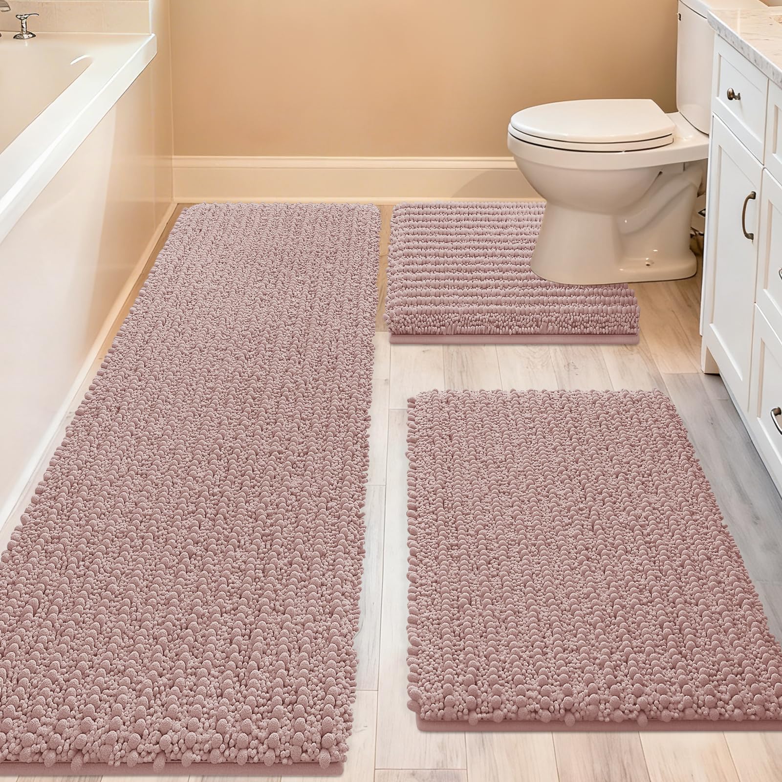 ACCUMTEK Upgrade Extra Large Dusty Pink Bathroom Rug Set 3 Pieces Ultra Soft, Thick Absorbent Bath Mats, Non Slip Chenille Toilet Mat for Bathroom,