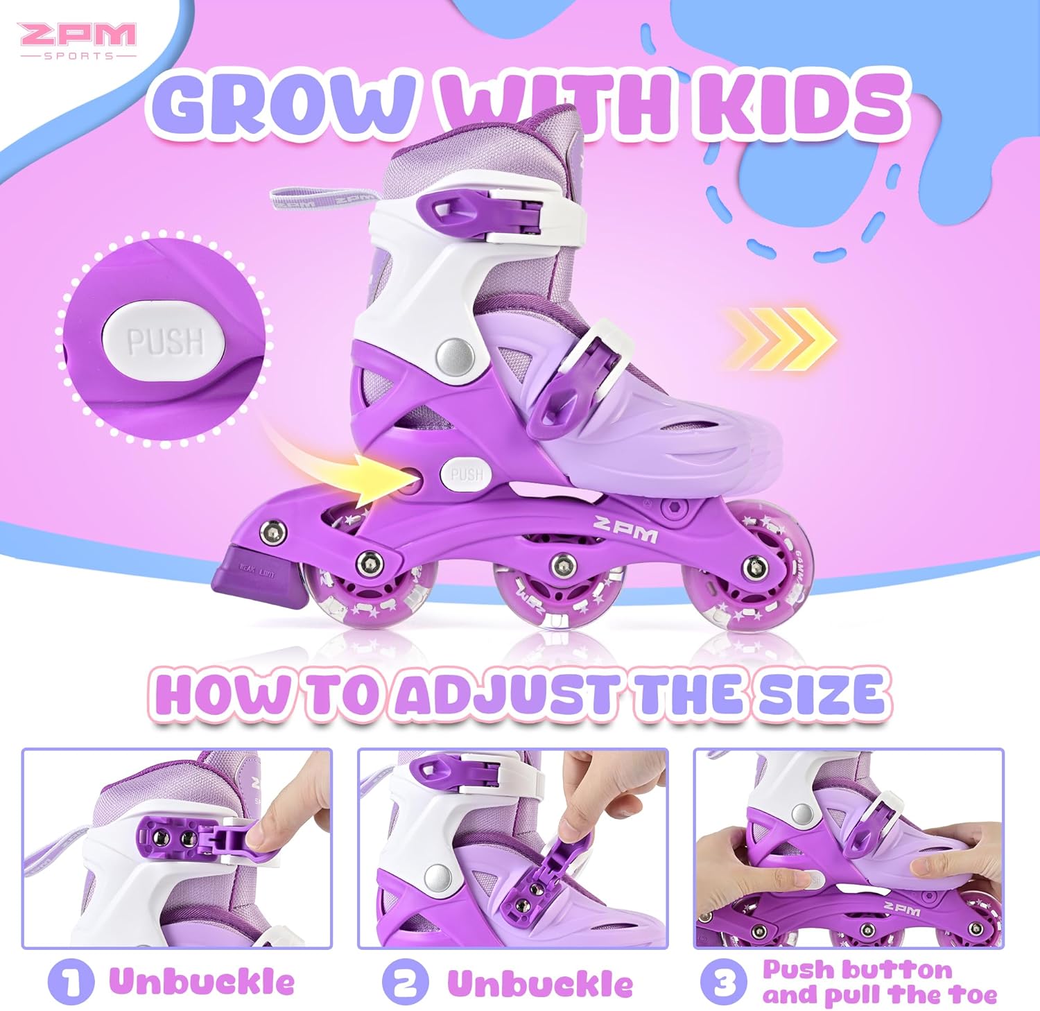 2PM SPORTS Inline Skates for Kids Girls Boys Ages 4-8 6-12 with Light Up Wheels, Adjustable Kids Roller Skates Blades for Youths Beginners
