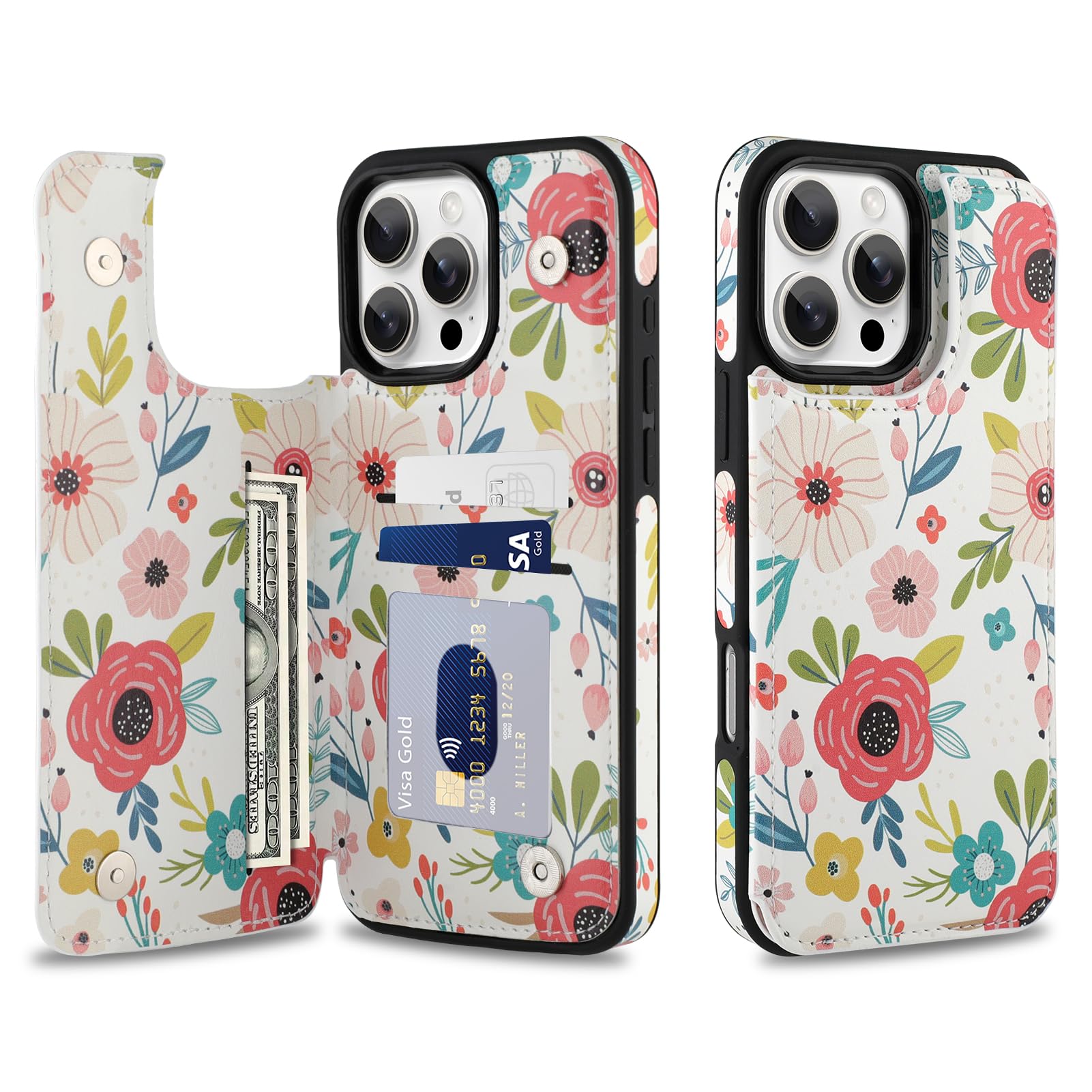SOKAD for iPhone 16 Pro Max Leather Wallet Case with Card Holder for Women Men, Cute Floral Flowers Pattern, Double Magnetic Clasp Flip Phone Cover