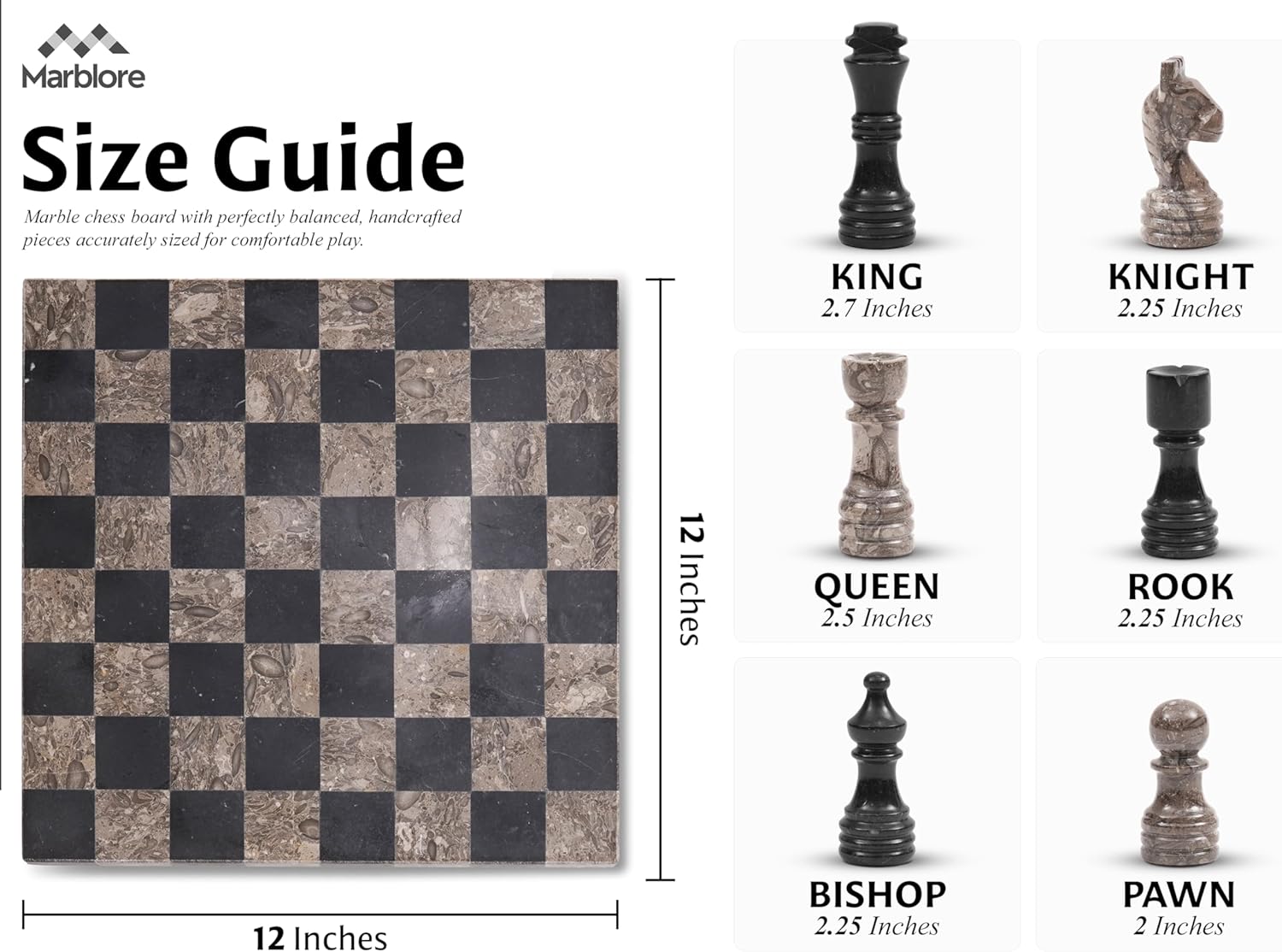 Marble Chess Set 12" Oceanic & Black Family Board Games, 32 Chess Pieces & 2 Extra Queens, Travel Chess Set, Strategy Board Games for Adults