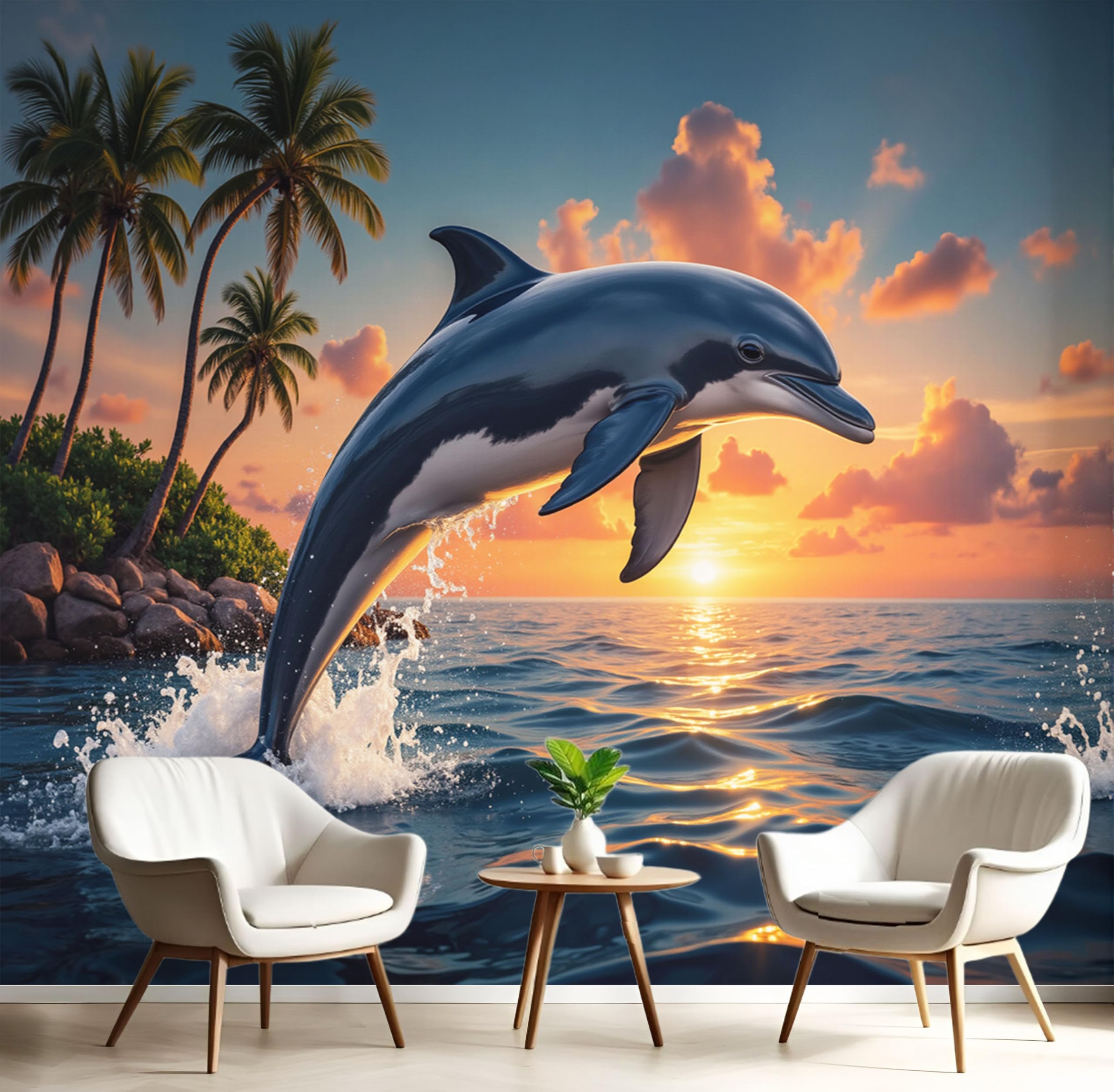 Papier peint soie dauphin coucher de soleil panoramique orange-rouge 300x210 cm pour salon
