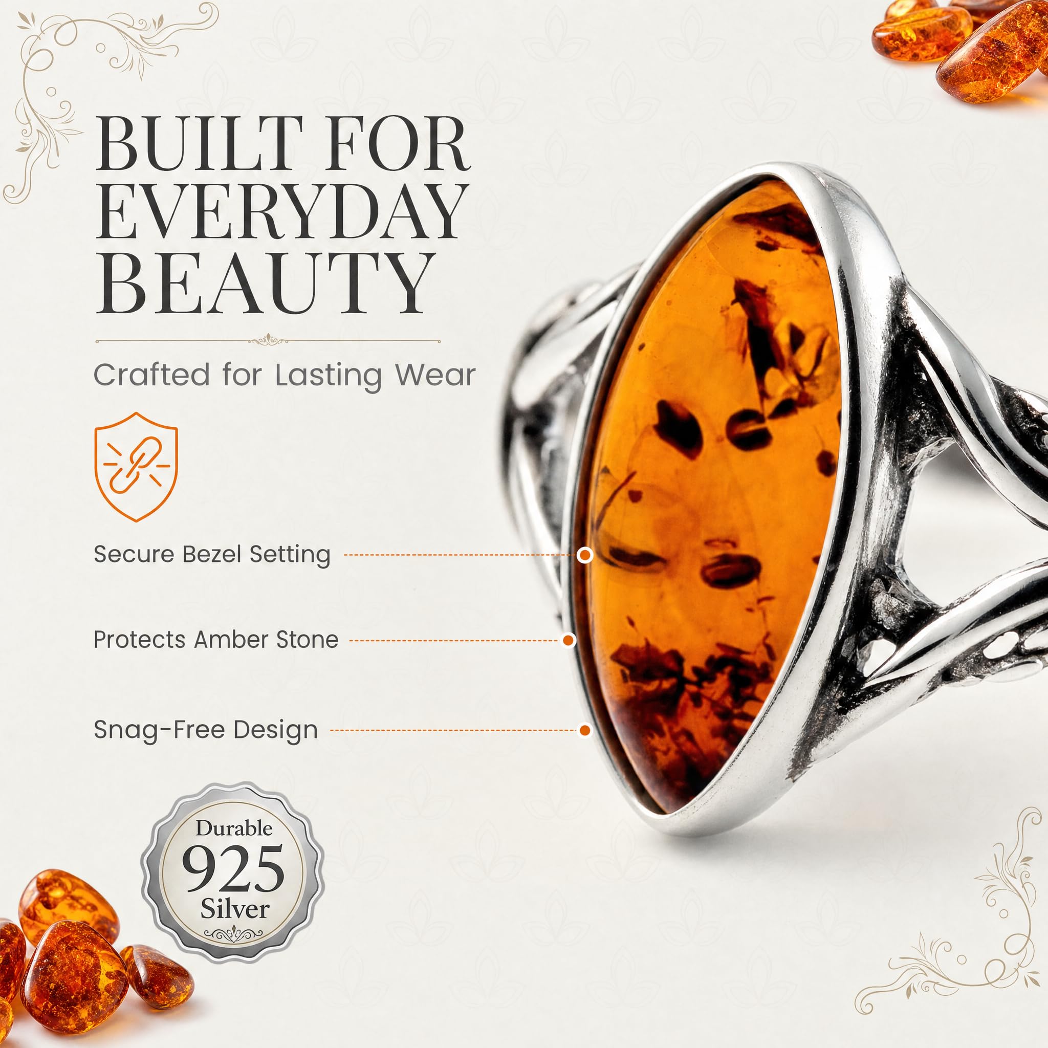 SilverAmber Jewellery - 925 Sterling Silber & Echter Baltischer Bernstein Keltischer Ring 7503