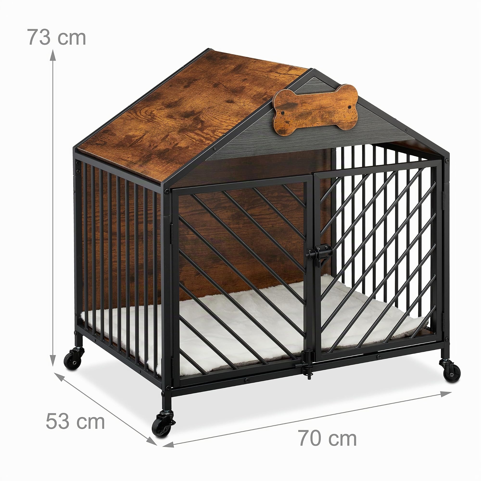 Relaxdays Hundekäfig für Zuhause, Industrial, HBT 73x70x53 cm, Hundemöbel mit Rollen, Zwinger, MDF, Stahl, braun/schwarz