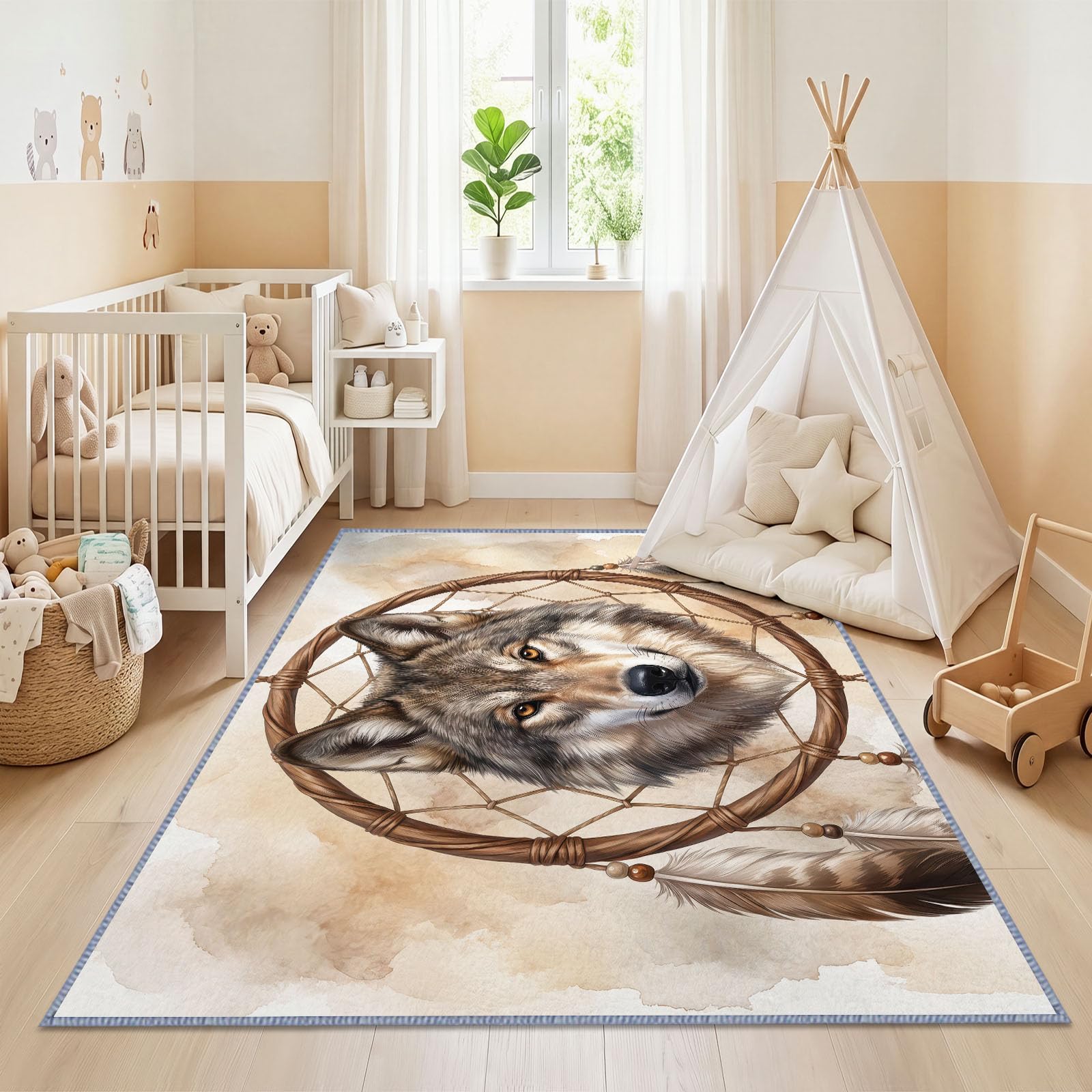 Böhmisch Indianisch Tiere Teppich Wohnzimmer Imitationskaschmir Rutschfest , Traumfänger Taupefarbener Wolf Waschbare Teppiche 80 x 150 cm Weich Kurzflor für Schlafzimmer Esszimmer Küche Büro