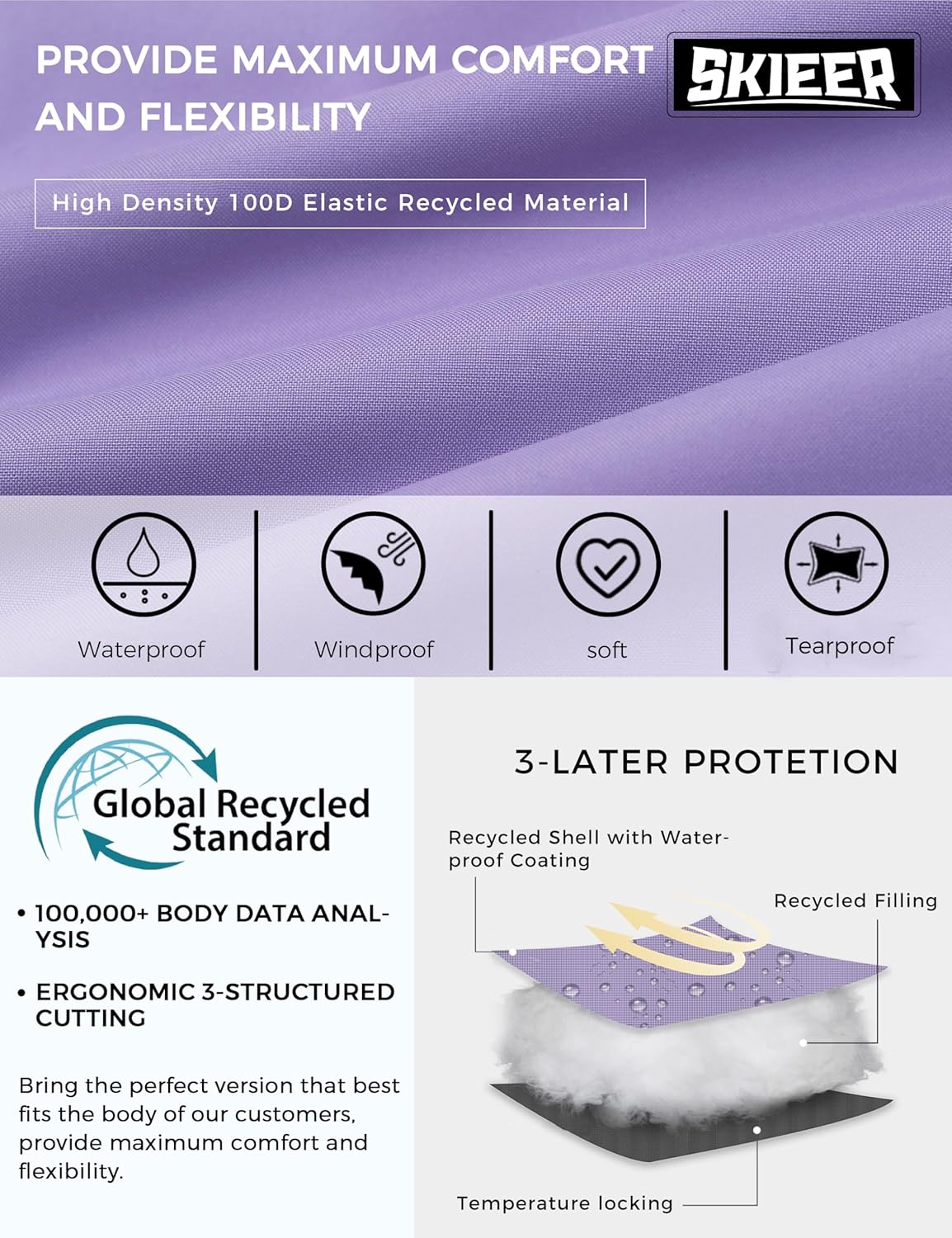 Skieer Girl's Waterproof Ski Jacket Windproof Winter Jacket Hooded Rain Coat - Image 7