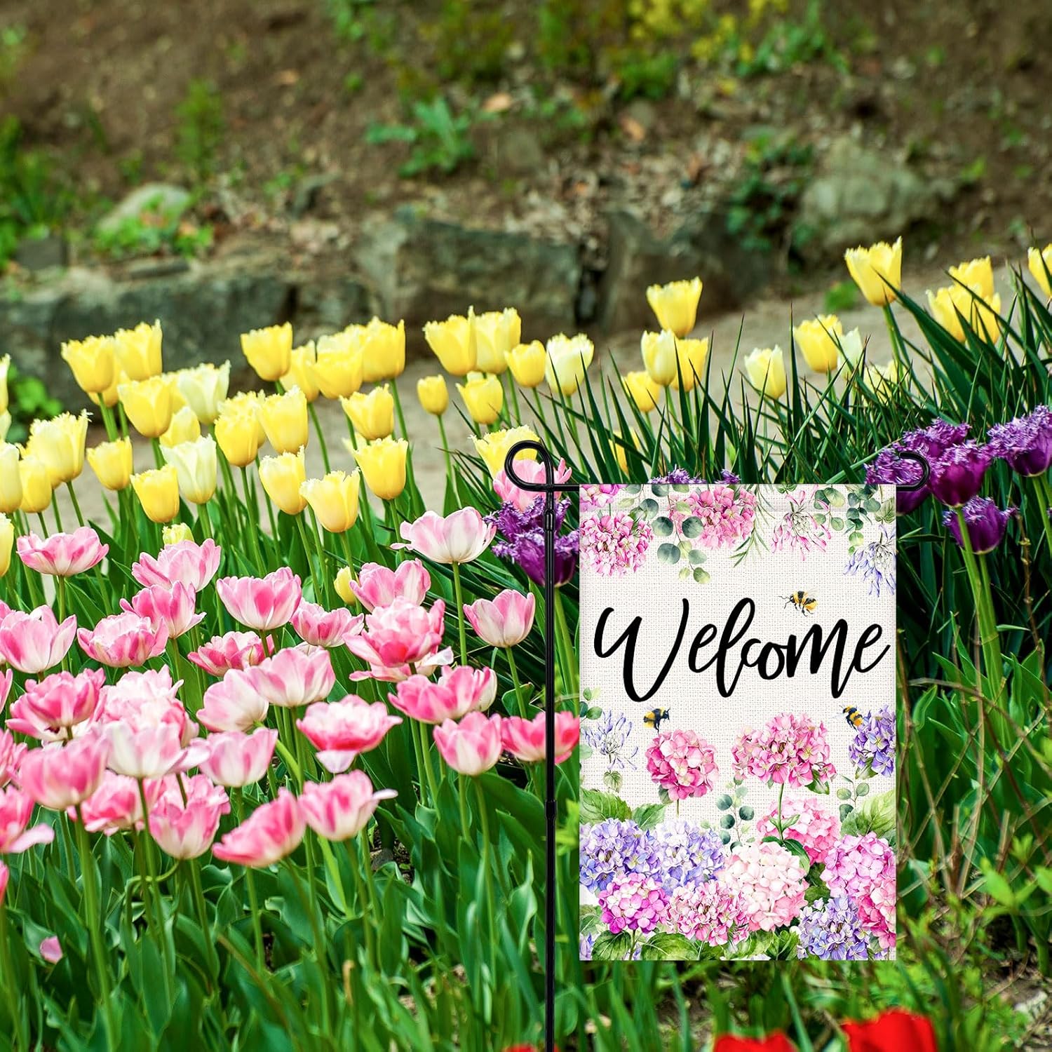 Welcome Spring Summer Garden Flag 12x18 Inch Double Sided Colorful Floral Hydrangea Bee Seasonal Small Burlap Garden Flags for Porch, Patio, Lawn, Farmhouse, Holiday Decoration - Image 7