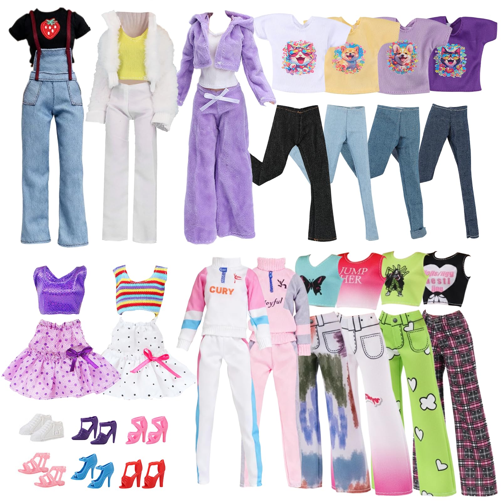 Doll Clothes and Accessories Set for 11.5 Inch Dolls Compatible with Barbie 6 Outfits Strawberry Jumpsuit Set Plush Sports Set Puppy Print Casual Set Coolwear Leisurewear Skirt 6 Shoes for Girls Gift