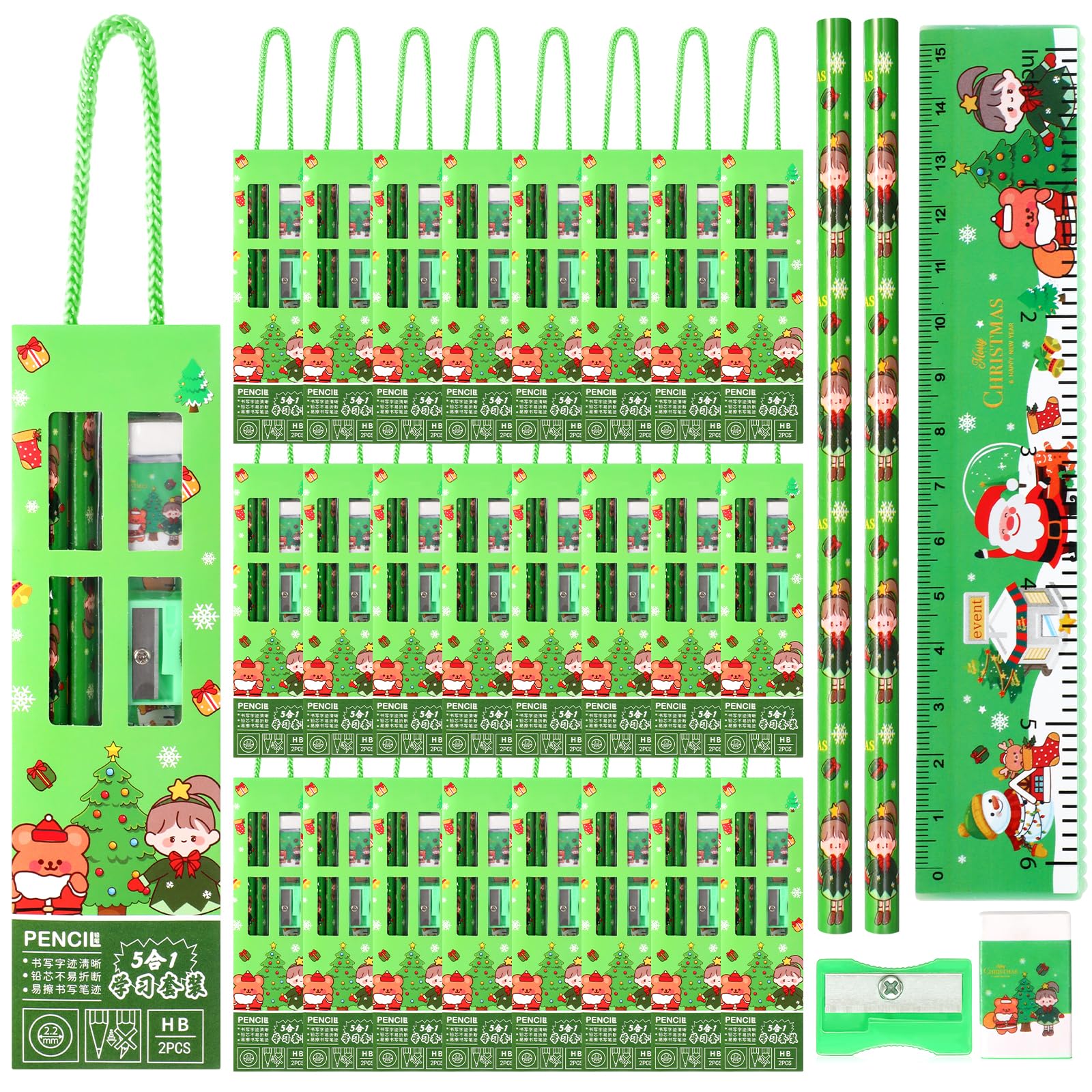 Nezyo 24 Set Christmas Stationery Party Favors, Christmas Gifts Goodie Bags Xmas Gifts for Stockings Stuffers 5 in 1 Pencil Ruler Eraser Pencil