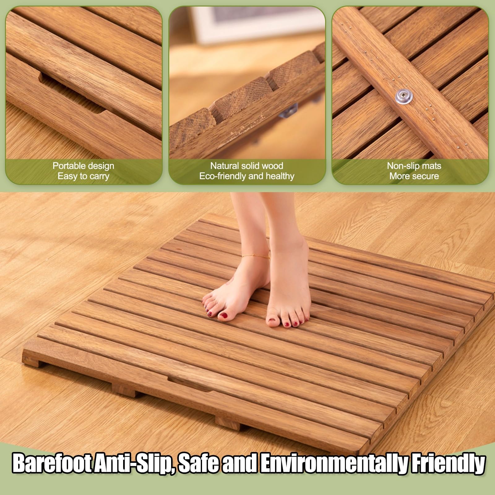 Badematte Holz, Teakholz rutschfest Badvorleger, Holzmatte für Badewanne, geeignet für Spa, Zuhause oder im Freien(70x90cm/27.6x35.4in)