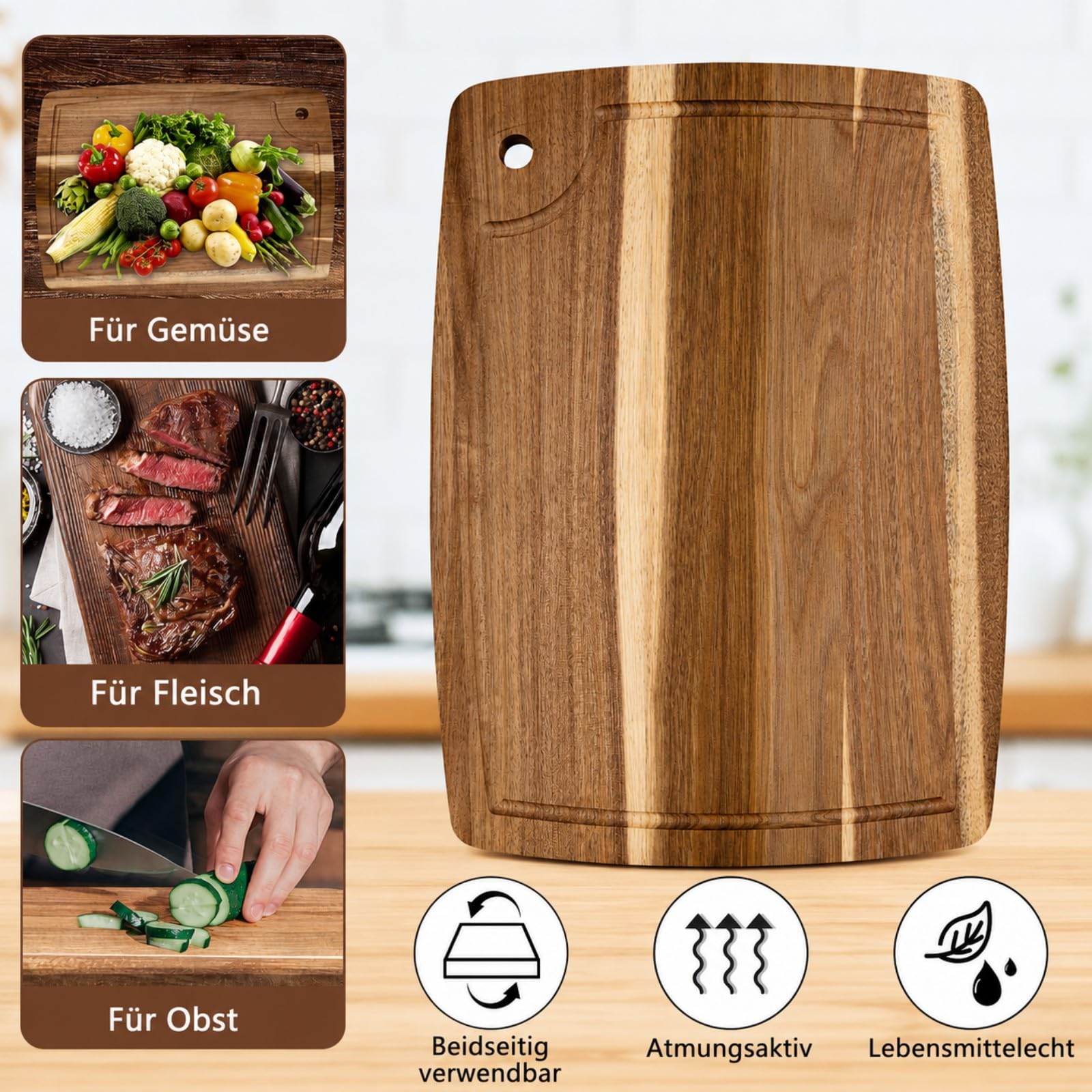 Juego de 6 tablas de cortar de madera de acacia, 35 x 25 cm, tabla de cortar de madera reversible con ranura para zumo, tabla de servir para carne, queso, pan, frutas y verduras