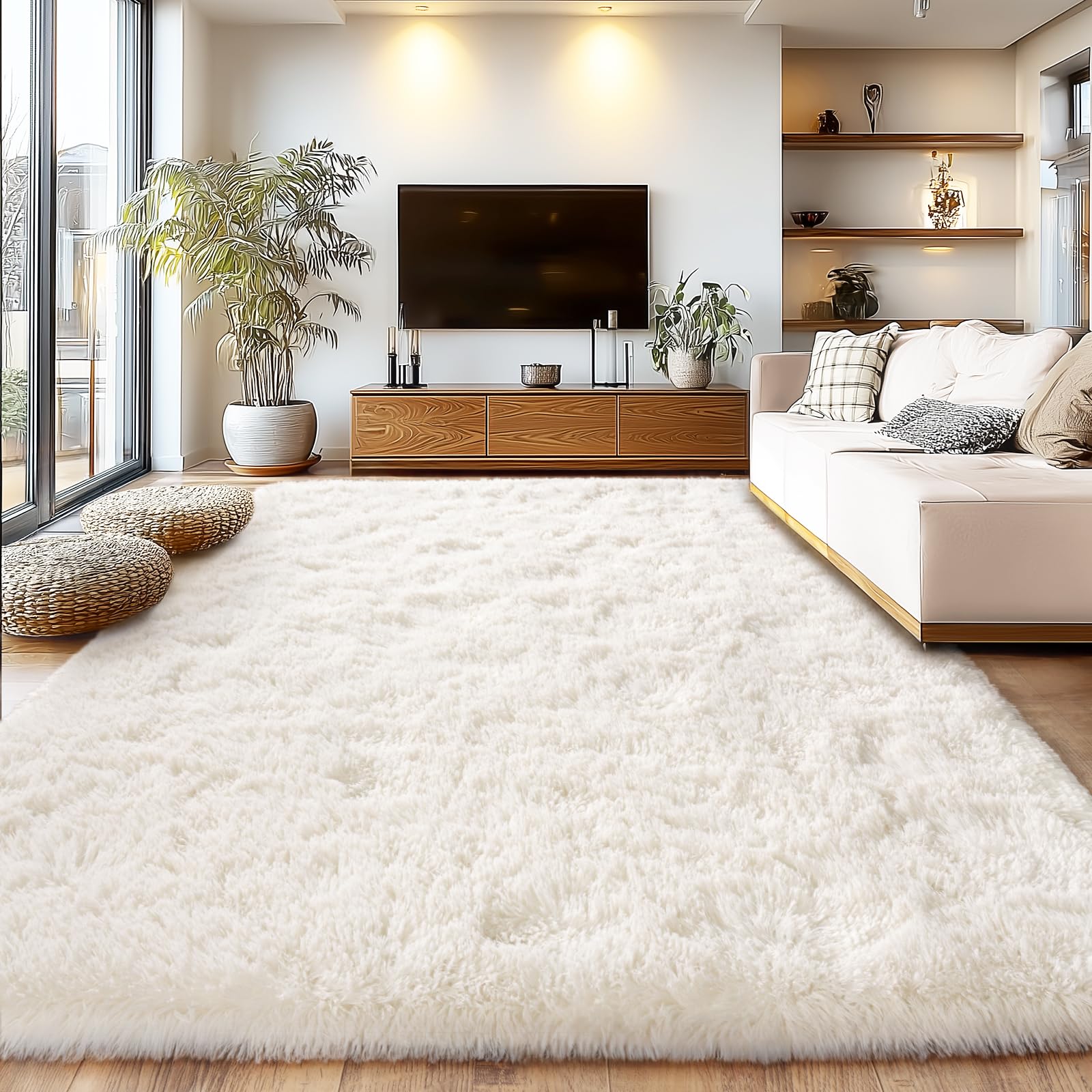 Cream White Plush Rug for Living Room Fuzzy Carpet for Bedroom Dorm, Non-Slip High Pile Rug, Shag Rug for Playroom Nursery Home Office Decor 6X9 Ft