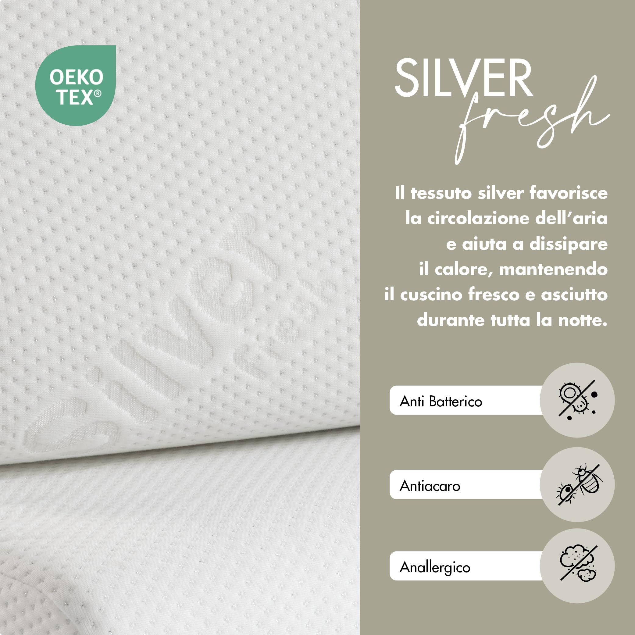 EMTEX Cuscino Cervicale Anallergico Memory Foam Sfoderabile Guanciale Silver Antibatterico Antiacaro Supporto Anatomico Made in Italy.