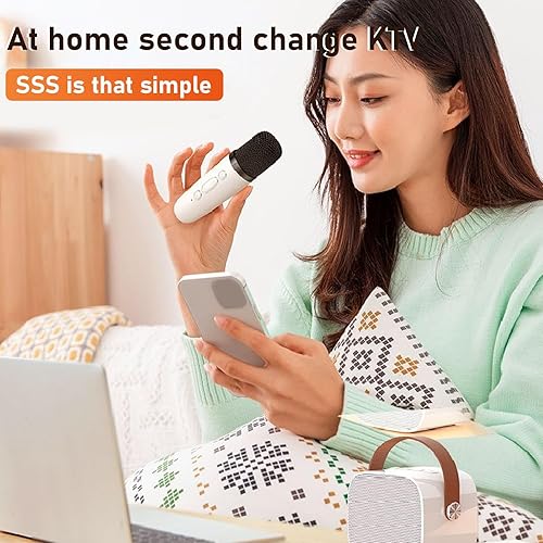 Miniatura 4 de Máquina de karaoke portátil, altavoz con 2 micrófonos inalámbricos, sonido estéreo multifunción, para fiesta en casa KTV (blanco)
