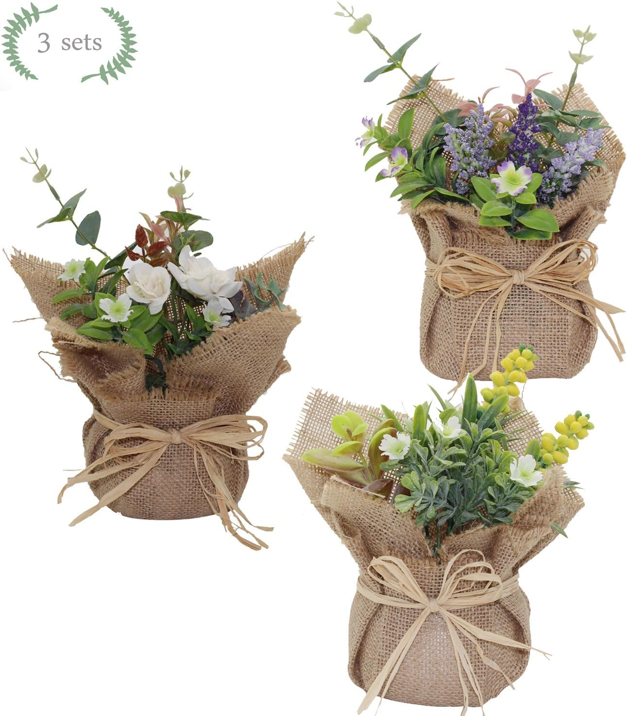 Artificial Flower with Cloth Vase Plastic Mini Plants Unique Fake Fresh Artificial Flower in Natural Burlap Cloth Pot for Home Décor – Set of 3