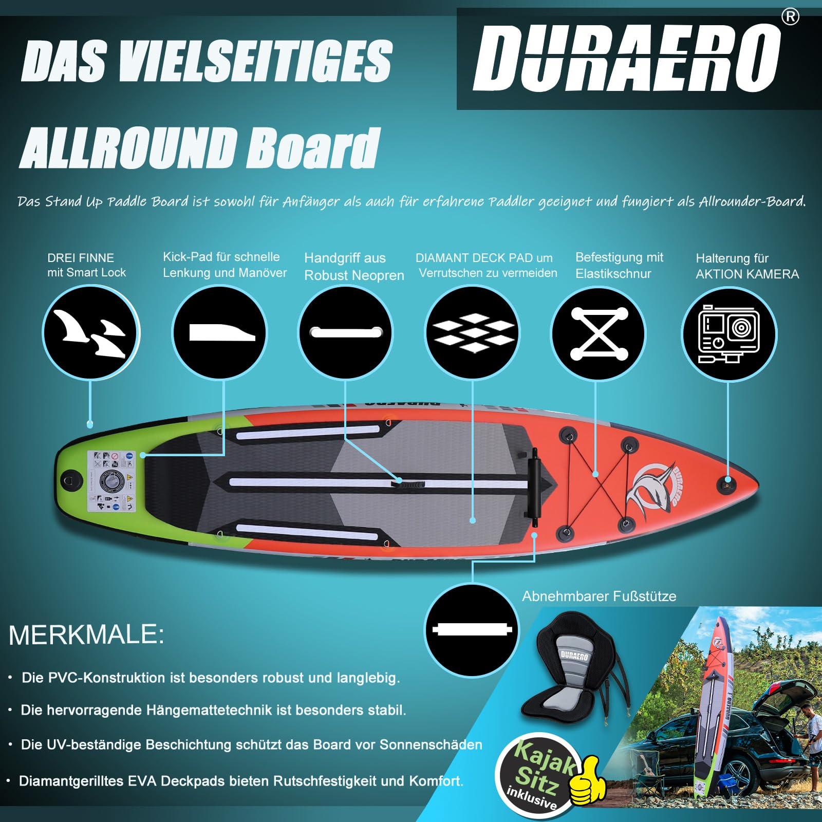 Tavola gonfiabile da Stand Up Paddle, seduta kayak, 330 x 76 x 15 cm, portata fino a 150 kg, supporto per cam, pad integrato 3 pinne, doppia pagaia regolabile, accessori completi (Rosso)