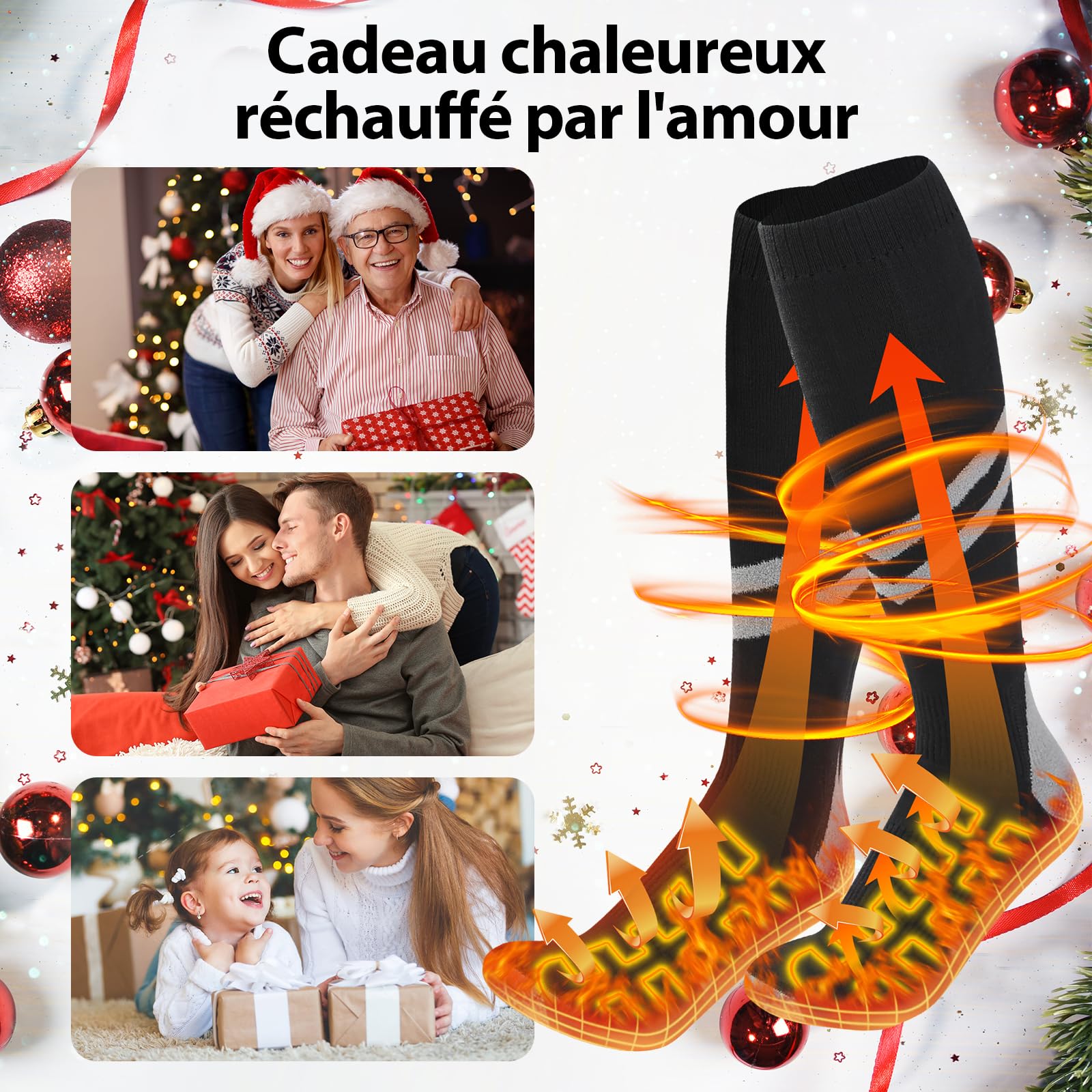 Chaussettes Chauffantes, Chaussette Chauffante Femme et Hommes avec Batterie 2 × 9000 mAh/5 V Autonomie Max 18 H,Chaussettes Chauffantes Électriques en Laine 3 Réglages Température 45℃/58℃/70℃