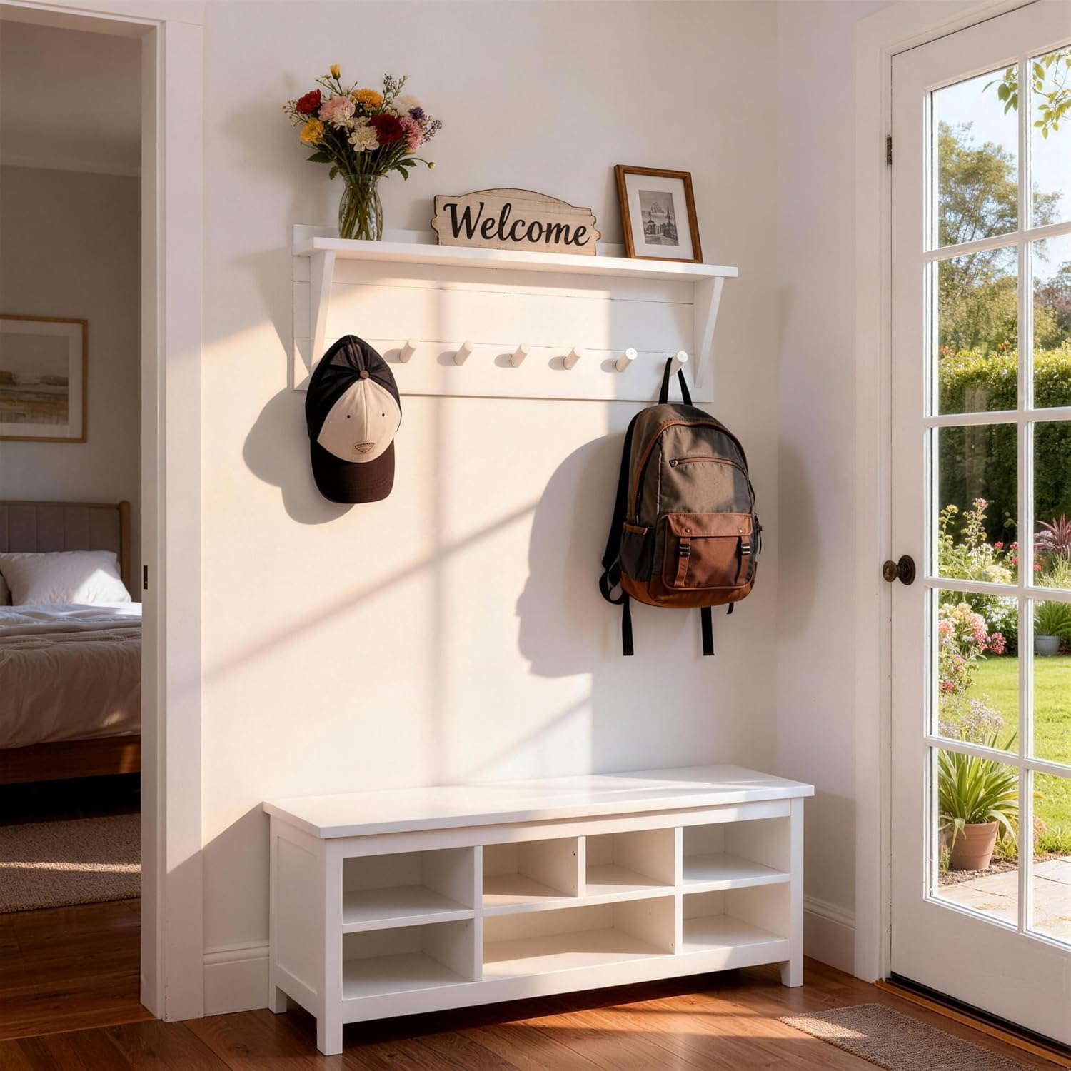 WEBI Coat Rack Wall Mount with Shelf,30" Long Entryway Wall Shelf with Hooks Underneath,7 Peg Hooks for Hanging Coats,Caps,Jacket,Clothes,White