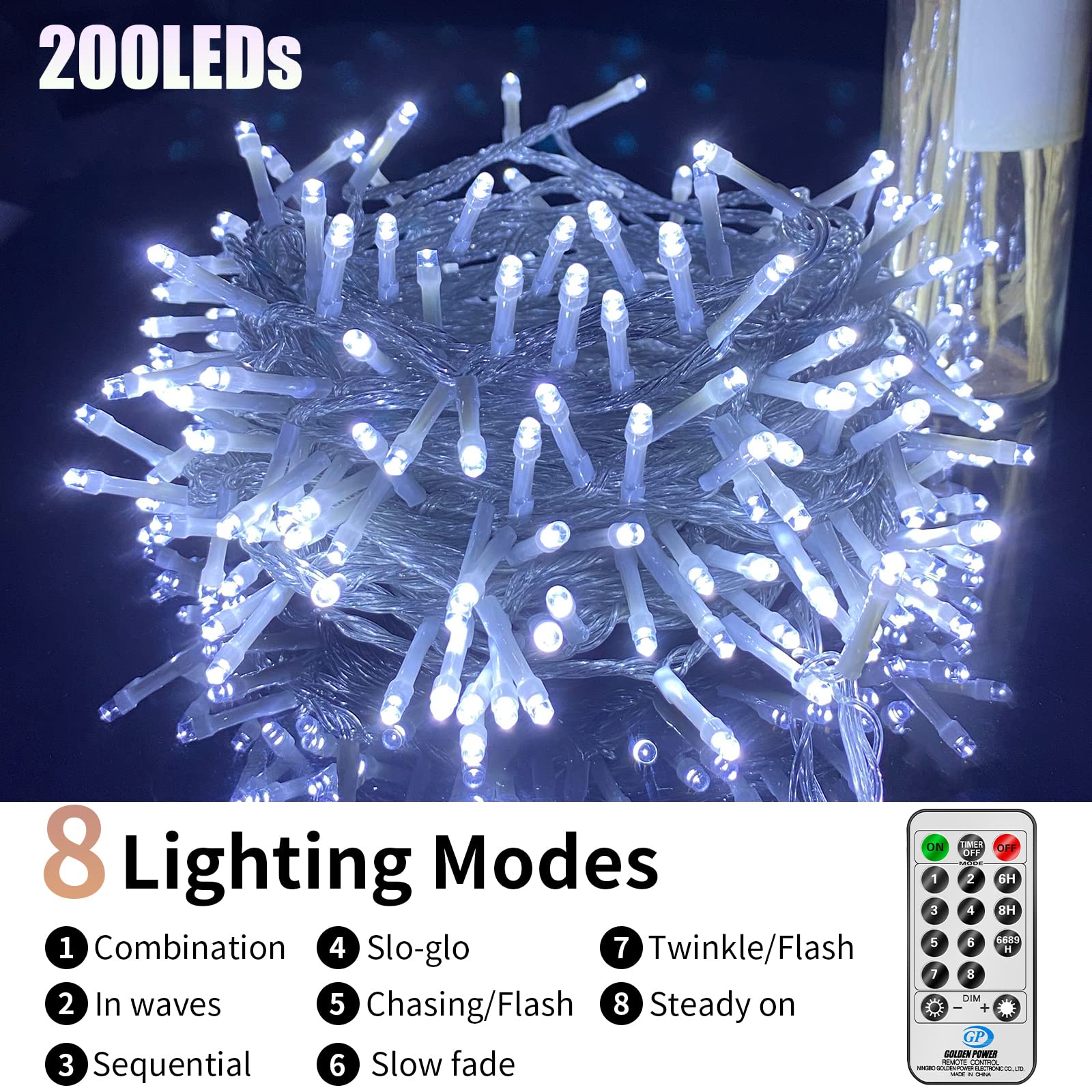 OBOVO Outdoor Christmas Lights, 200 LED White Fairy Lights Plug in - Image 2