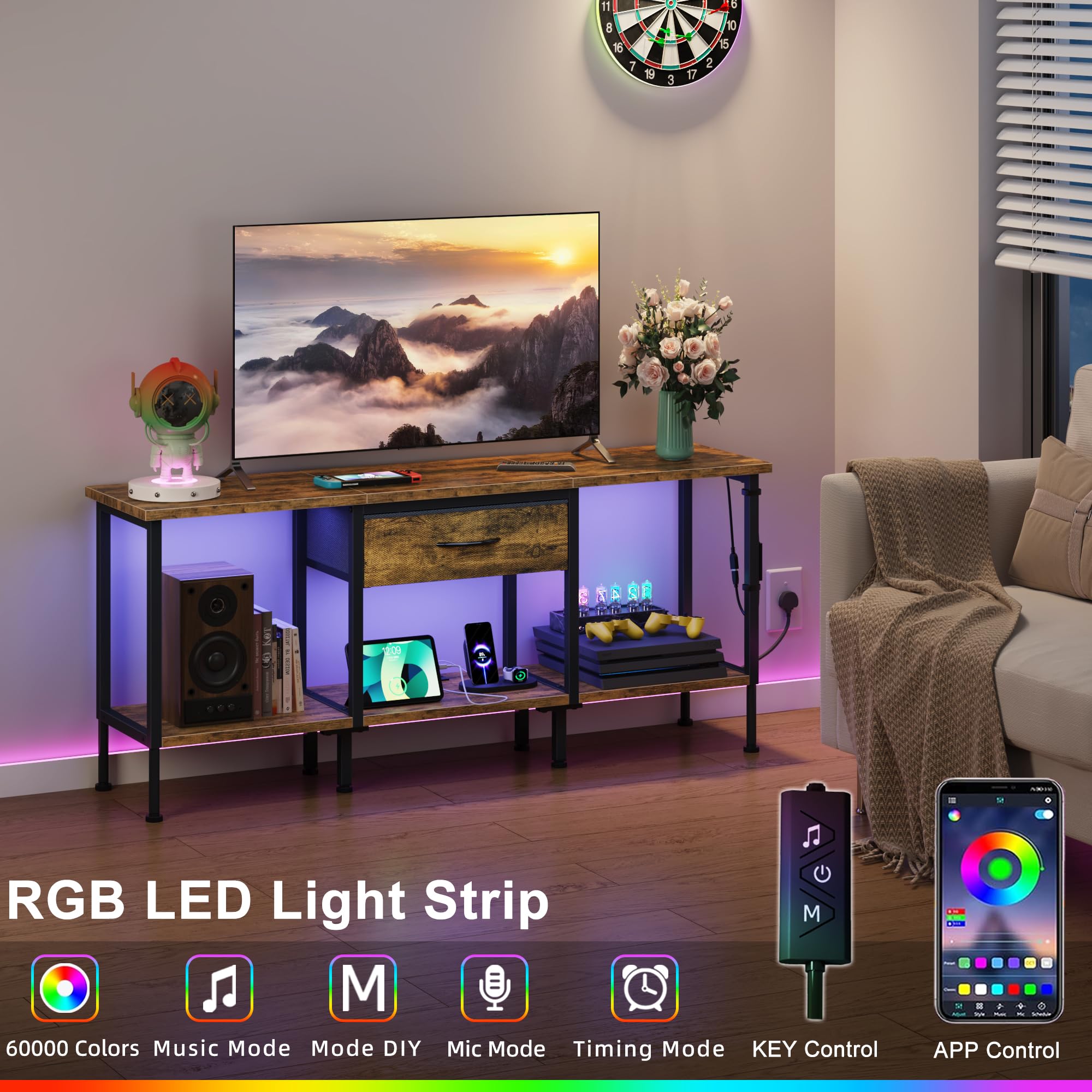 Fernsehtisch mit Steckdose TV Cabinet mit LED-Beleuchtung TV Bank Fernsehschrank TV Ständer TV Schrank Board Table für Fernseher bis zu 55 Zoll für Wohnzimmer Schlafzimmer Vintagebraun 120 cm