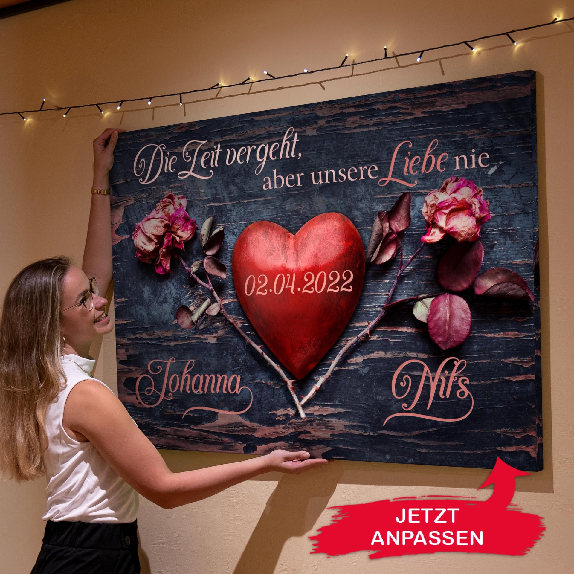 Liebesleinwand Individuelles Wandbild | Jahrestag, Hochzeitstag Geschenke für Frauen | Leinwand mit Namen und Datum gestalten | Unsere Liebe vergeht nie