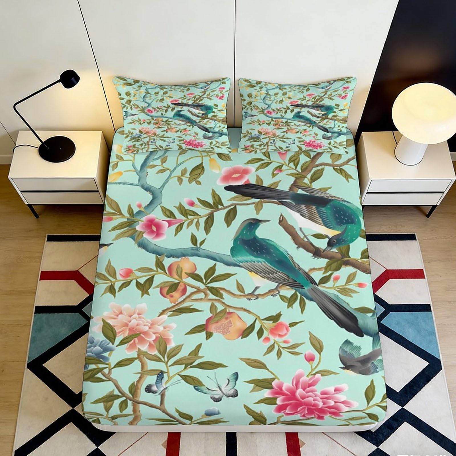 3D Printed Peacock Blossom Fitted Sheet Microfiber Soft Floral Bird Mattress Cover Bedroom Home Decor 90x200x25cm