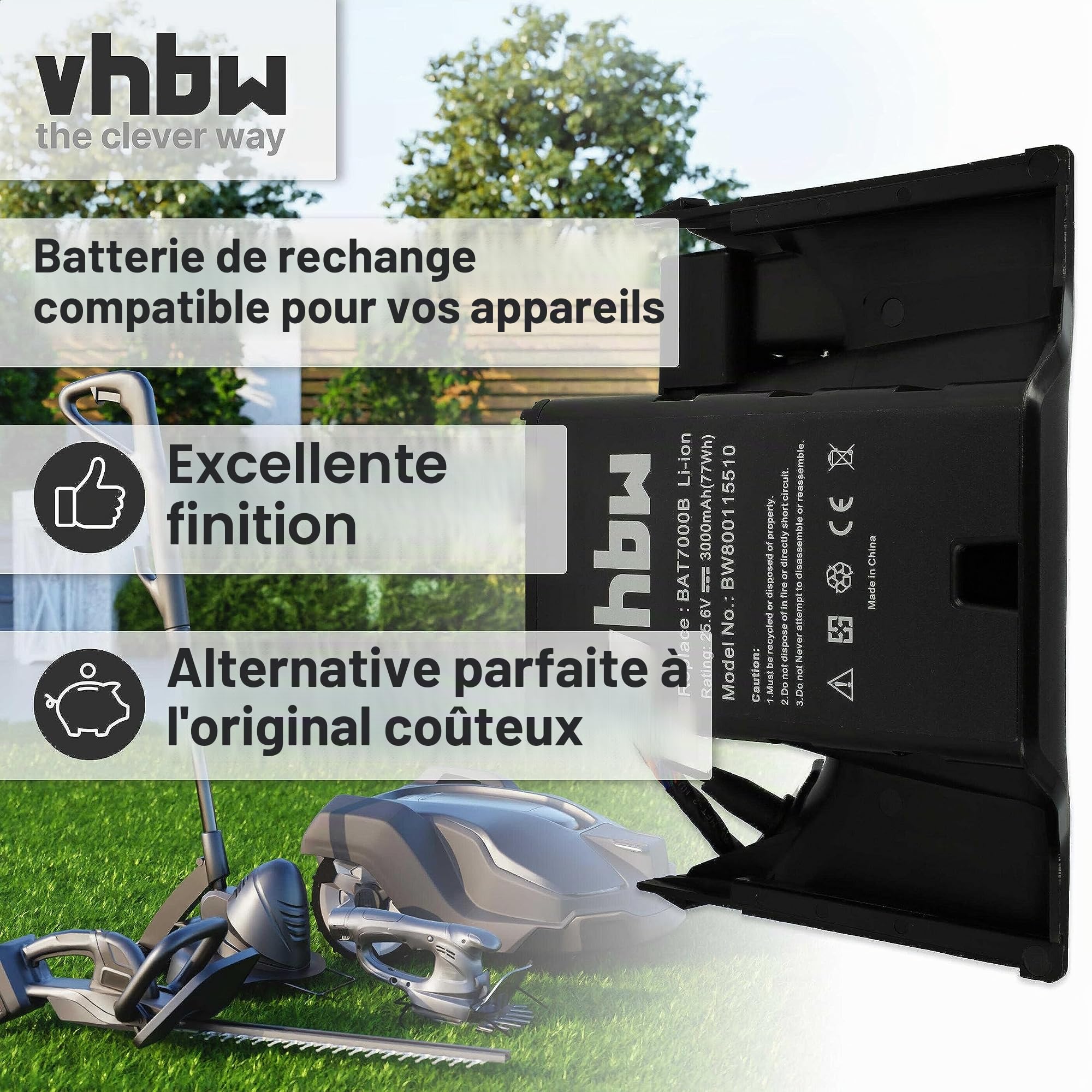 vhbw Batterie Compatible avec Robomow Premium RC302/304/304u/306/308/308u/312/312u - Remplacement pour BAT7000B, MRK7005A- (Li-ION, 3000mAh, 25.6V)