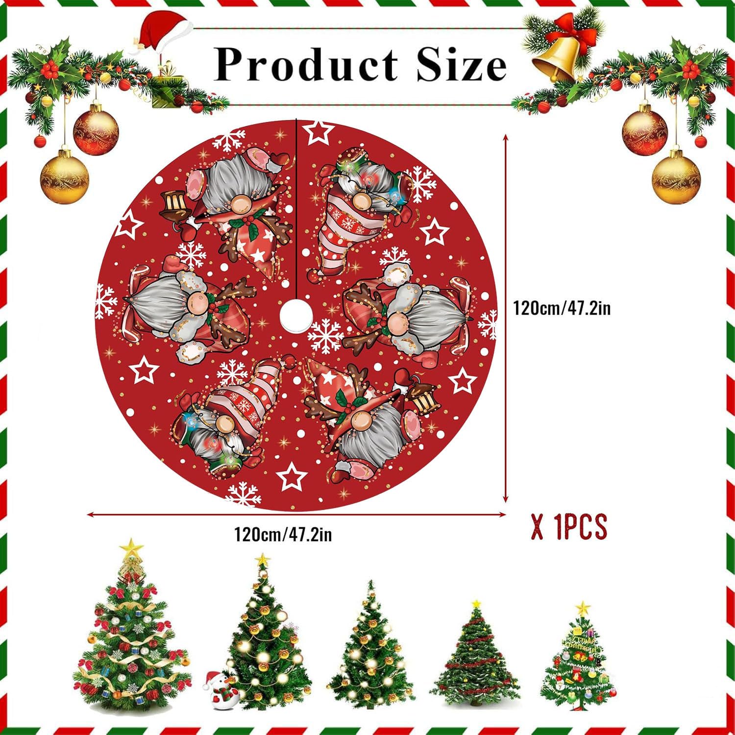 Jupe Sapin De Noël 120cm Couvre Pied Rond Rouge Motif GNOME Tapis Décorations Fête