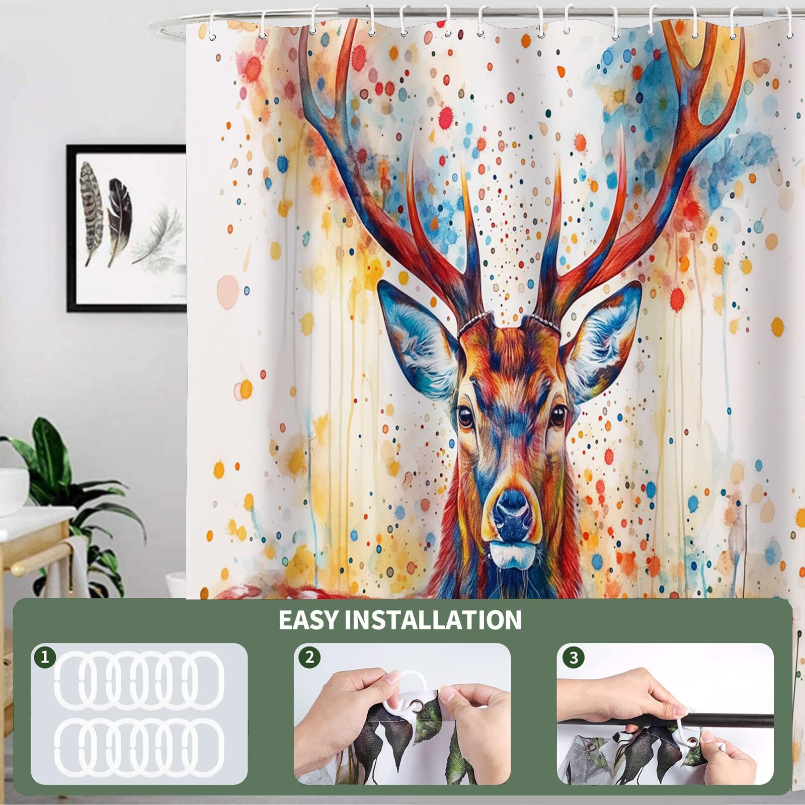Rideau De Douche Magnifique Cerf Peint Animaux De Portrait Rouge Rideau De Bain Tissu Polyester Anti Moisissure Imperméable Lavable Rideaux Salle De Bain avec Crochets
