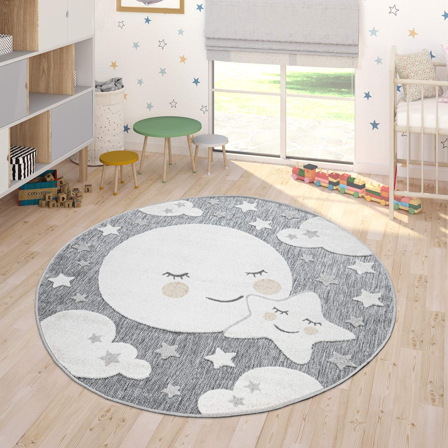 Paco Home Kinderteppich Kinderzimmer Outdoor Teppich Rund Spielteppich Junge Mädchen, Grösse:160 cm Rund, Farbe:Grau