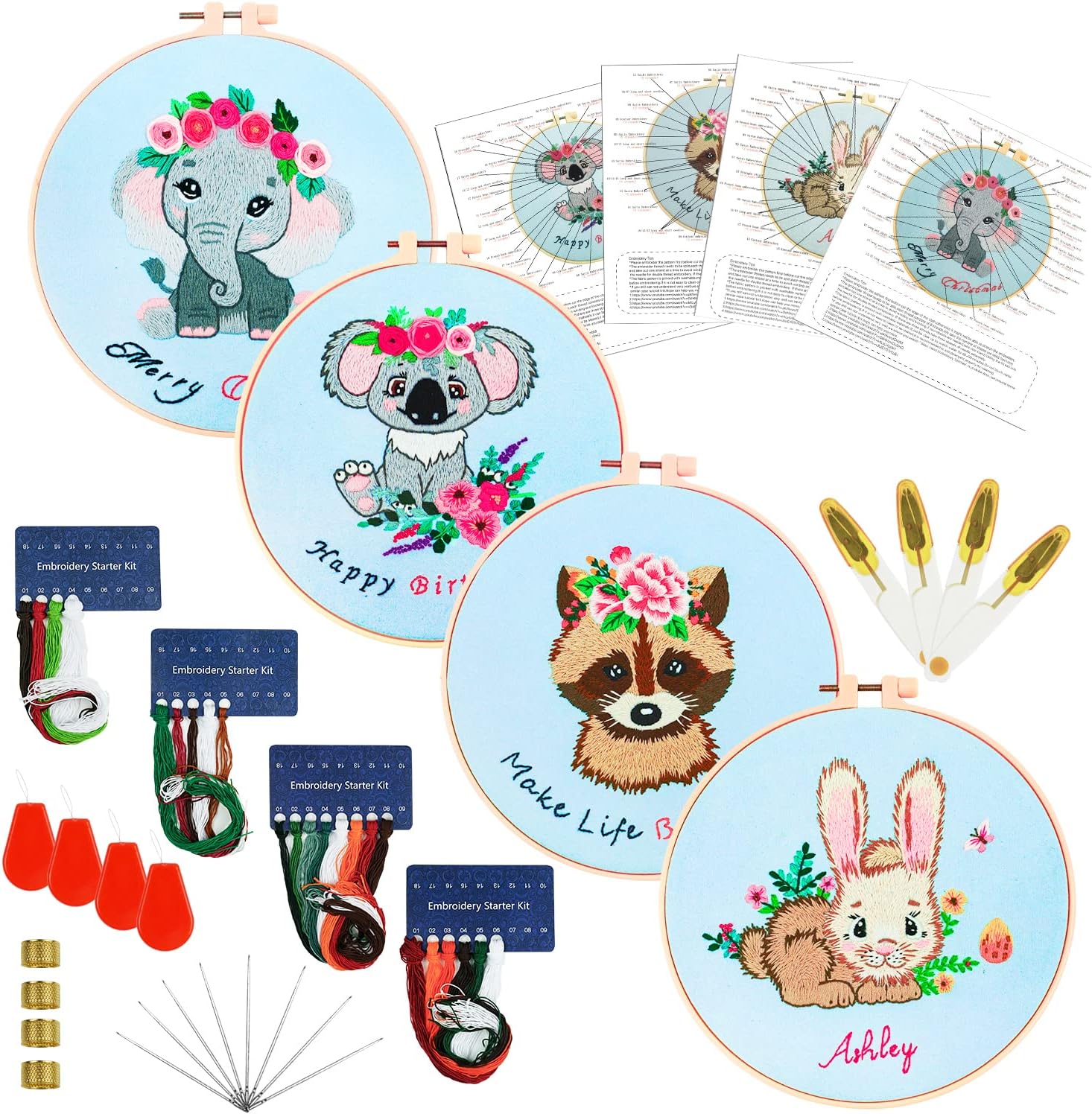 Embroidery Starter Kit, Ulif 4 Pack Embroidery Beginner Kits with Animals Pattern and Instructions, Complete Embroidery Kit, with Embroidery Hoops, Patterns, Needles, Color Threads and Tool Kit