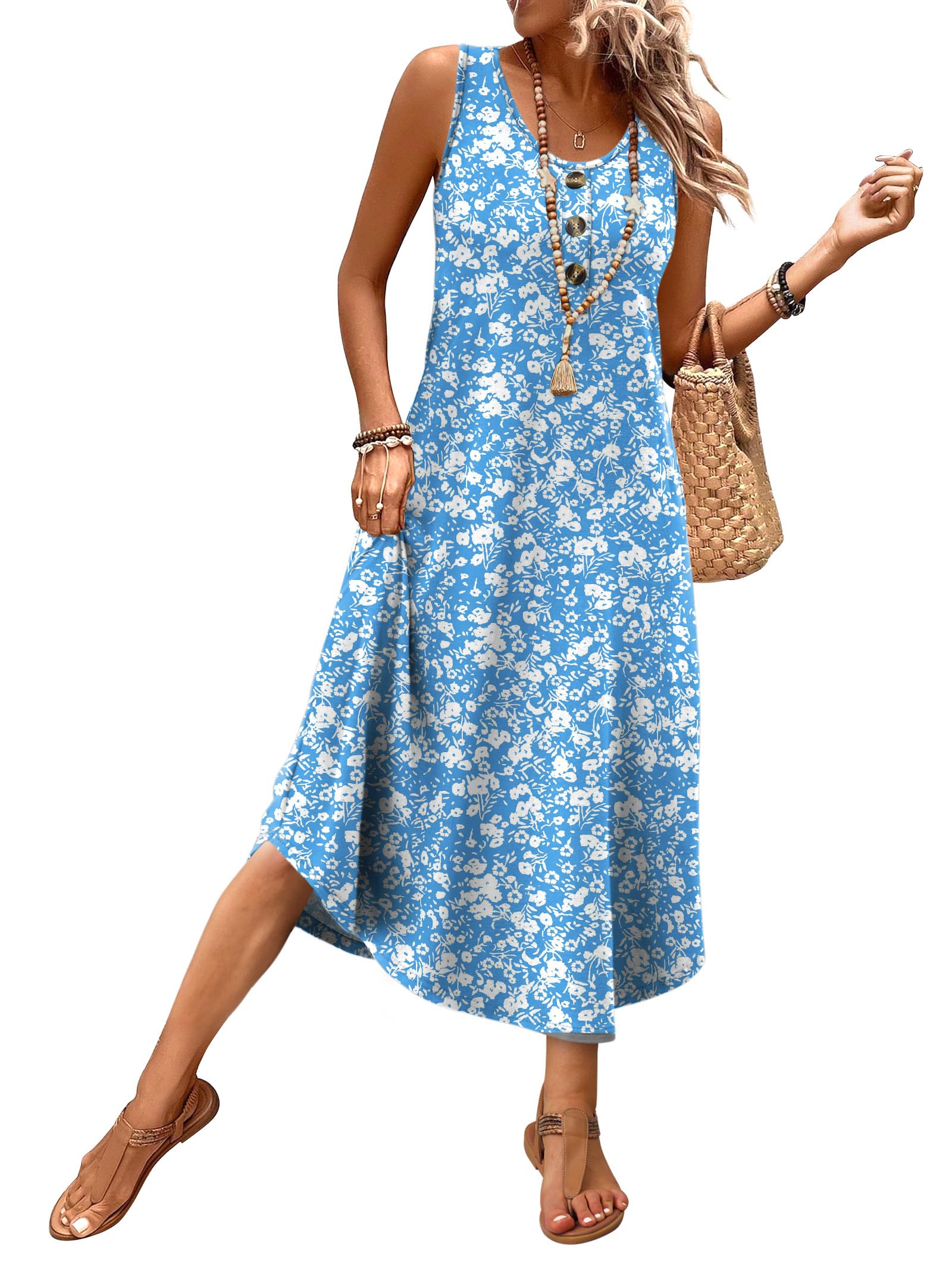 WIHOLL Summer Dresses for Women 2026 Button Front Sleeveless Casual Midi Dress Beach Vacation Sundresses with Pockets