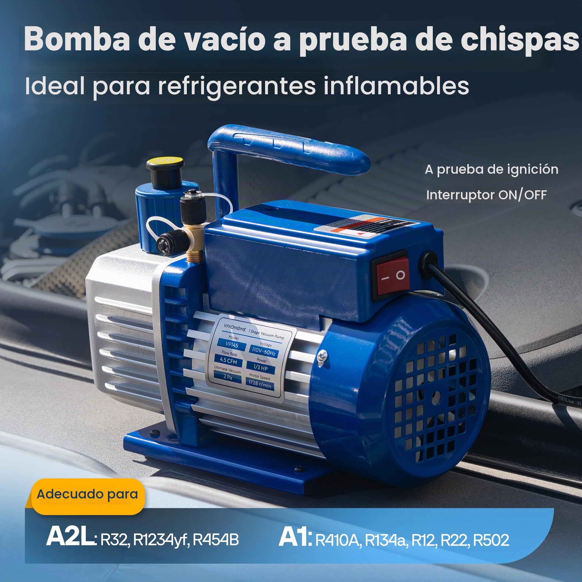 VIVOHOME Bomba de vacío HVAC de 1/3 HP 4.5 CFM 1 etapa A2L, motor sin chispas para sistemas R32 R1234yf R454B R134a R22 R410a, bomba de vacío automática de CA para mantenimiento de refrigeración de