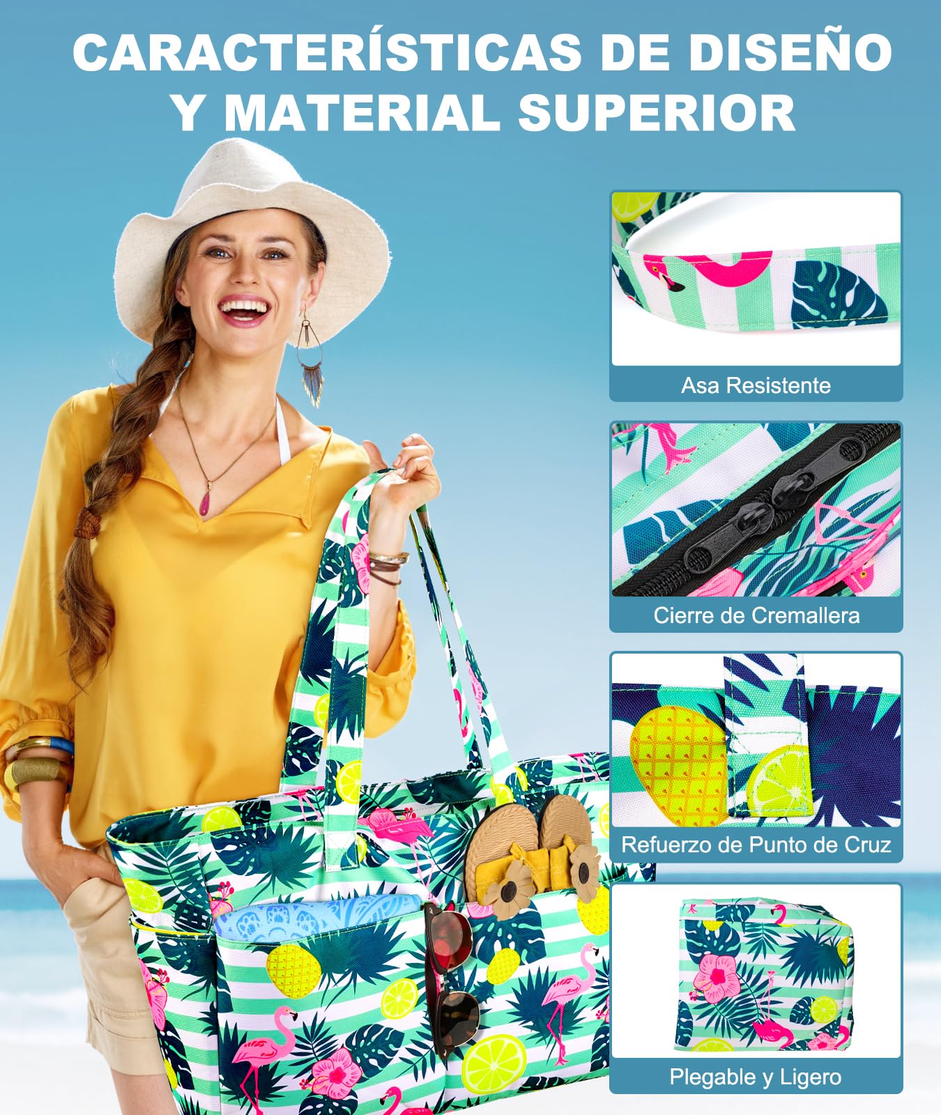 ISEYOU Bolsa Playa, Bolso Playa Mujer Impermeable Con Cremallera 45L, Bolsas Grandes XXL Familiar con 8 bolsillos Plegable Para Viajes, Picnic, Vacaciones