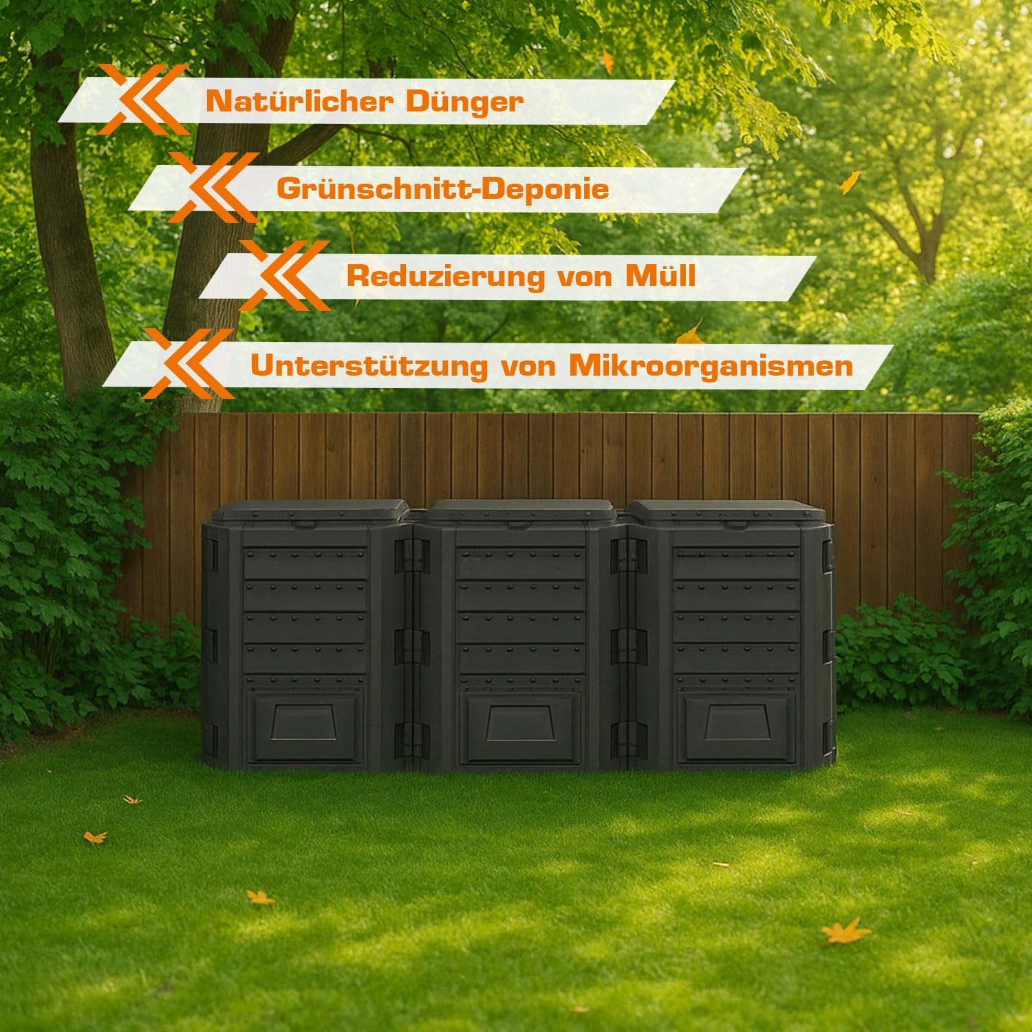 3 Kammer Komposter Garten Schnellkomposter Groß 1200L Schwarzer Kompostbeschleuniger mit Deckel & Klappe Bio Kompost aus Kunststoff zum Kompostieren