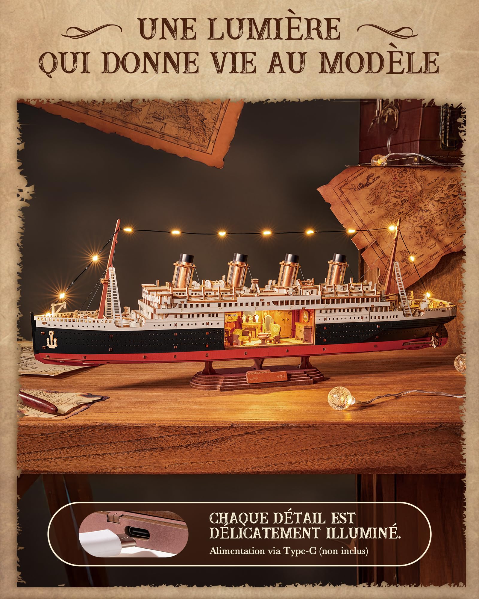 ROBOTIME Puzzle 3D en bois 1912 Eternal Atlantic Voyager, kits de modèles pour adultes à construire, cadeaux d'artisanat de décoration de maison pour adultes et adolescents
