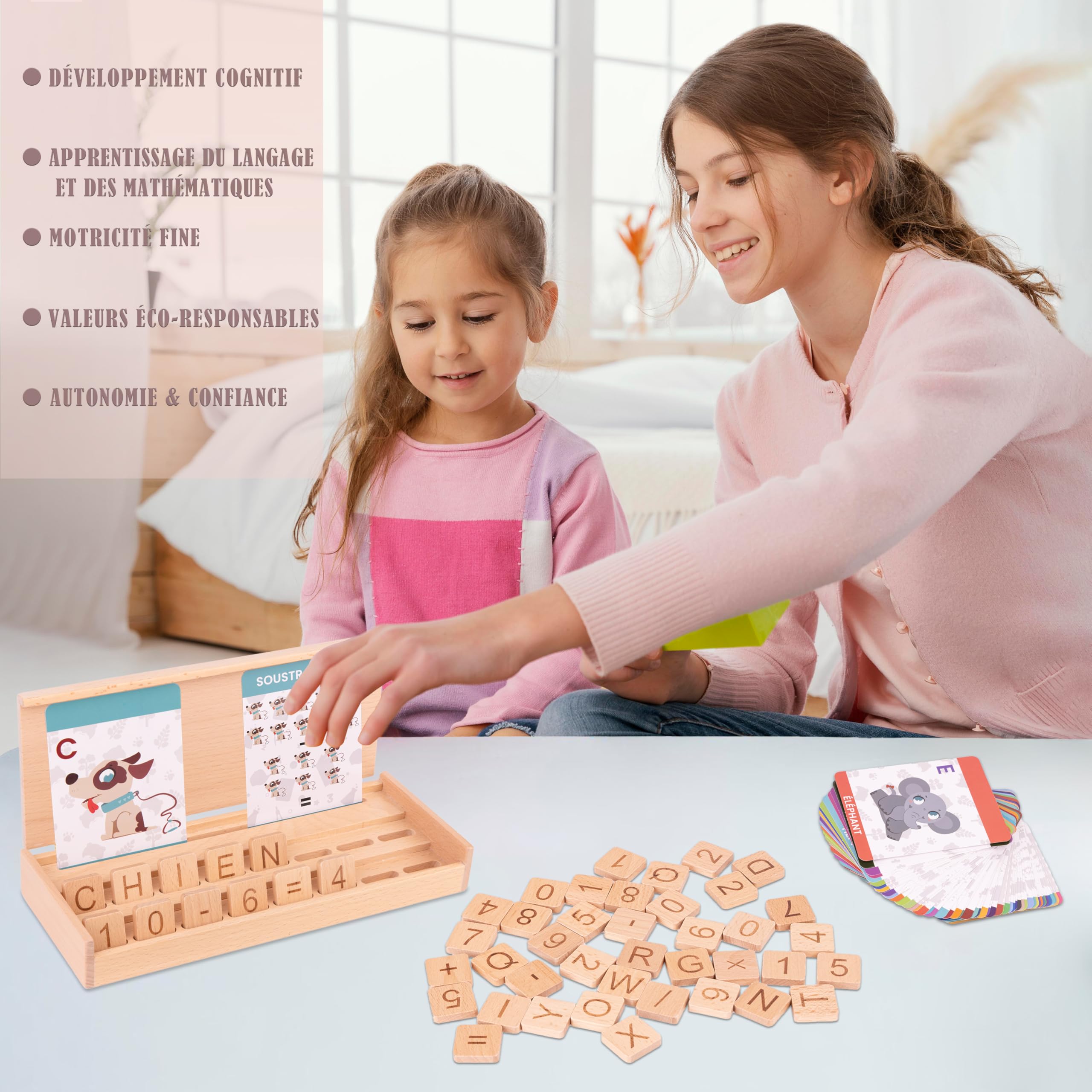 Estuche Montessori 3 en 1 de Madera – Lectura, Ortografía & Cálculo – 106 Piezas (Letras y números) – Juego Educativo Autocorrectivo Aprender a Leer y Contar – Niño 3-8 Años