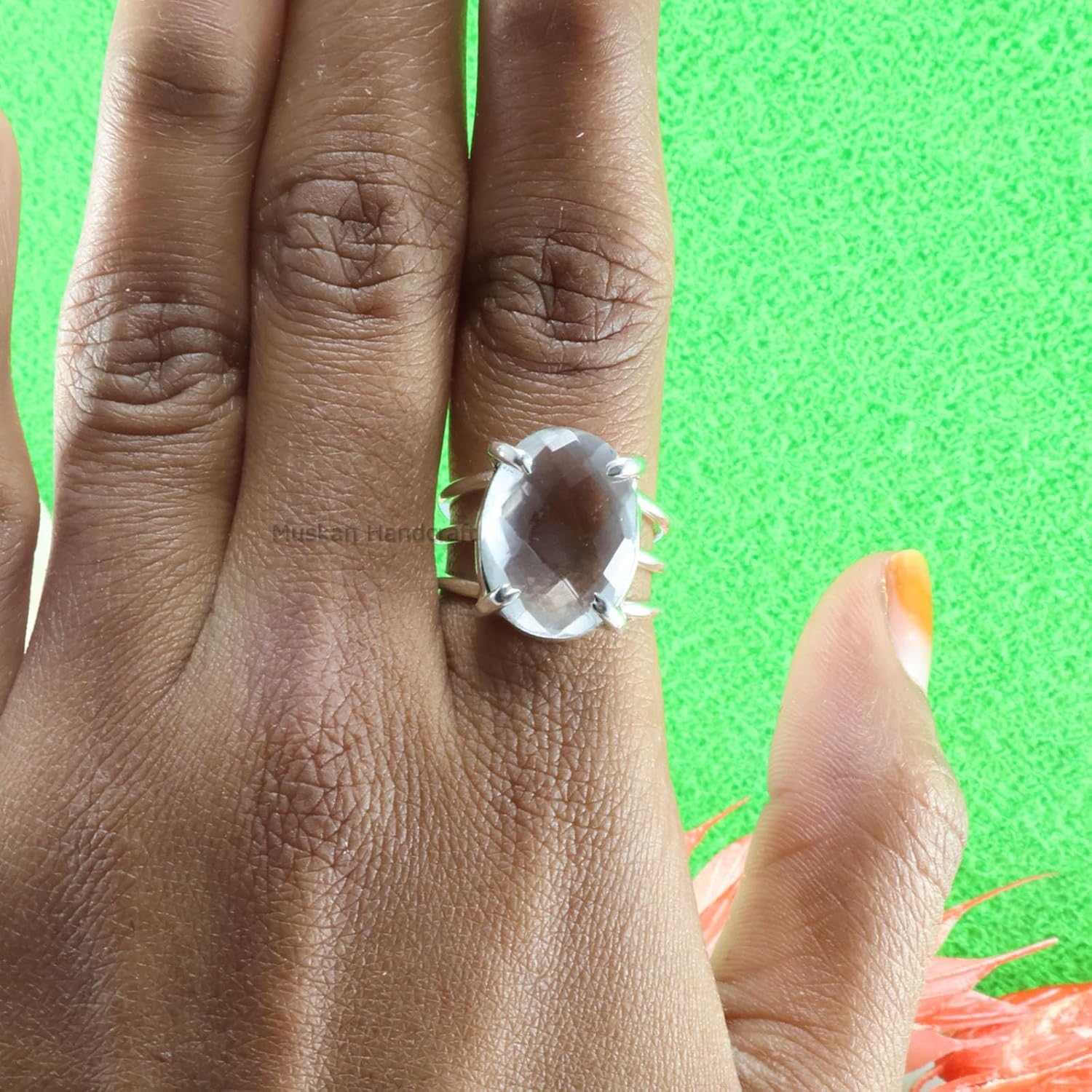 Handmade 925 Sterling Silver Ring with Clear Crystal Quartz Oval Gemstone Delicate Statement Ideal Jewelry Gift for Men Women, Christmas Gifts Ring