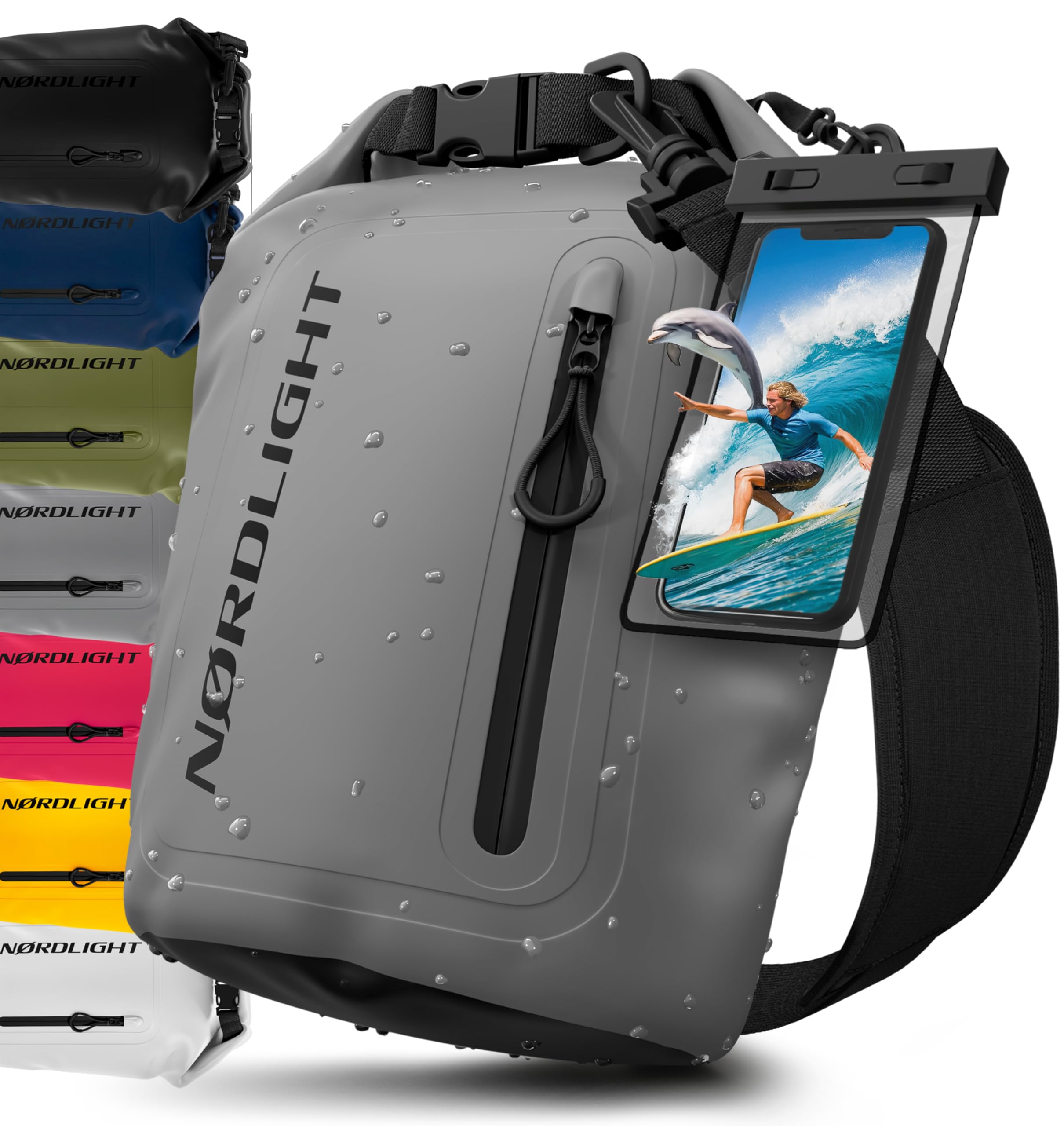 Nordlight Dry Bag wasserdichte Tasche mit Handyhülle + Roll-Top, Schultergurt | Drybag wasserfester Rucksack Beutel Packsack Seesack Wassersack Wetbag | Baden Schwimmen Strand SUP – Grau, 5 Liter