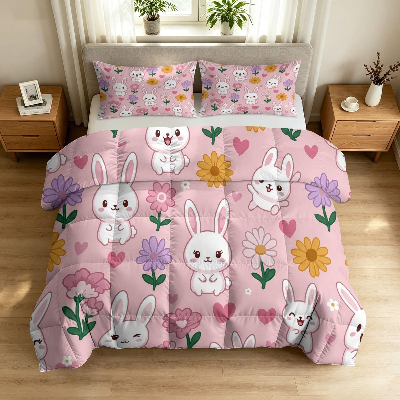 Edredón reversible doble de 200x200 cm rosa de dibujos animados con flores y conejo