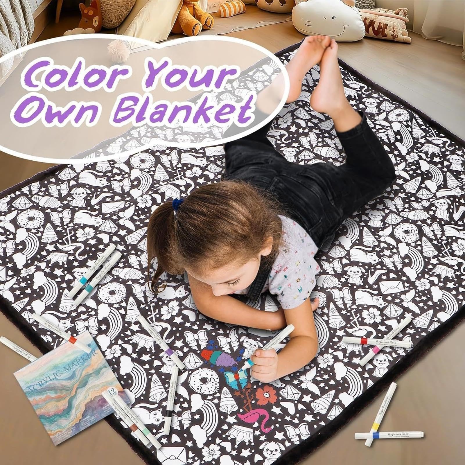 DIY Maldecke Decke Zum Ausmalen Mit 24 Stoffmalstiften | 150 X 115 Cm Samt + Polyester,Wiederverwendbare Decke Zum Bemalen Erwachsene | Für Couch, Sofa, Sessel