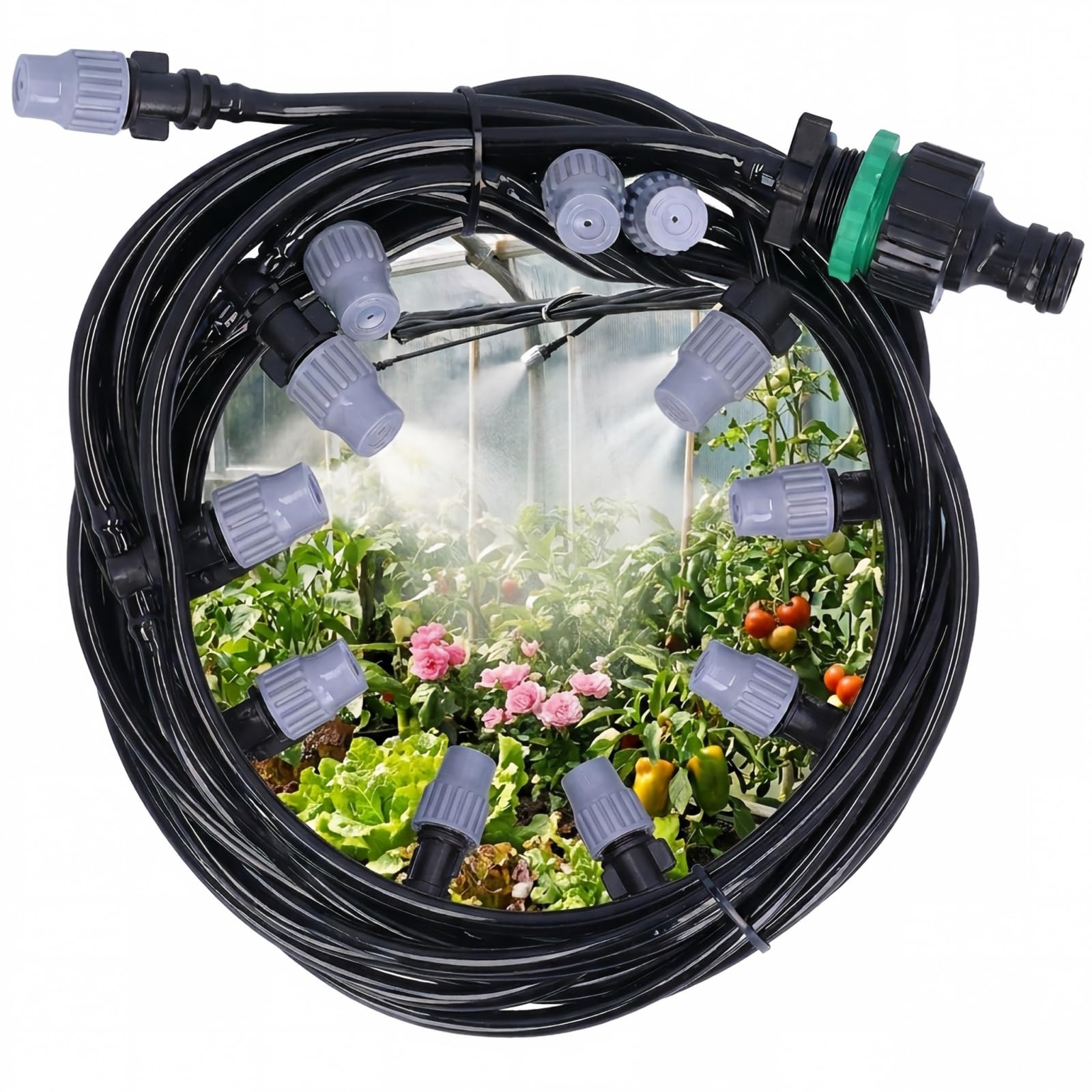 Kit de tuyau d'arrosage multifonction pour serre de jardin, système d'arrosage de pelouse avec 10 buses de brumisation, 10 m, 32,8 pi, PVC, ABS