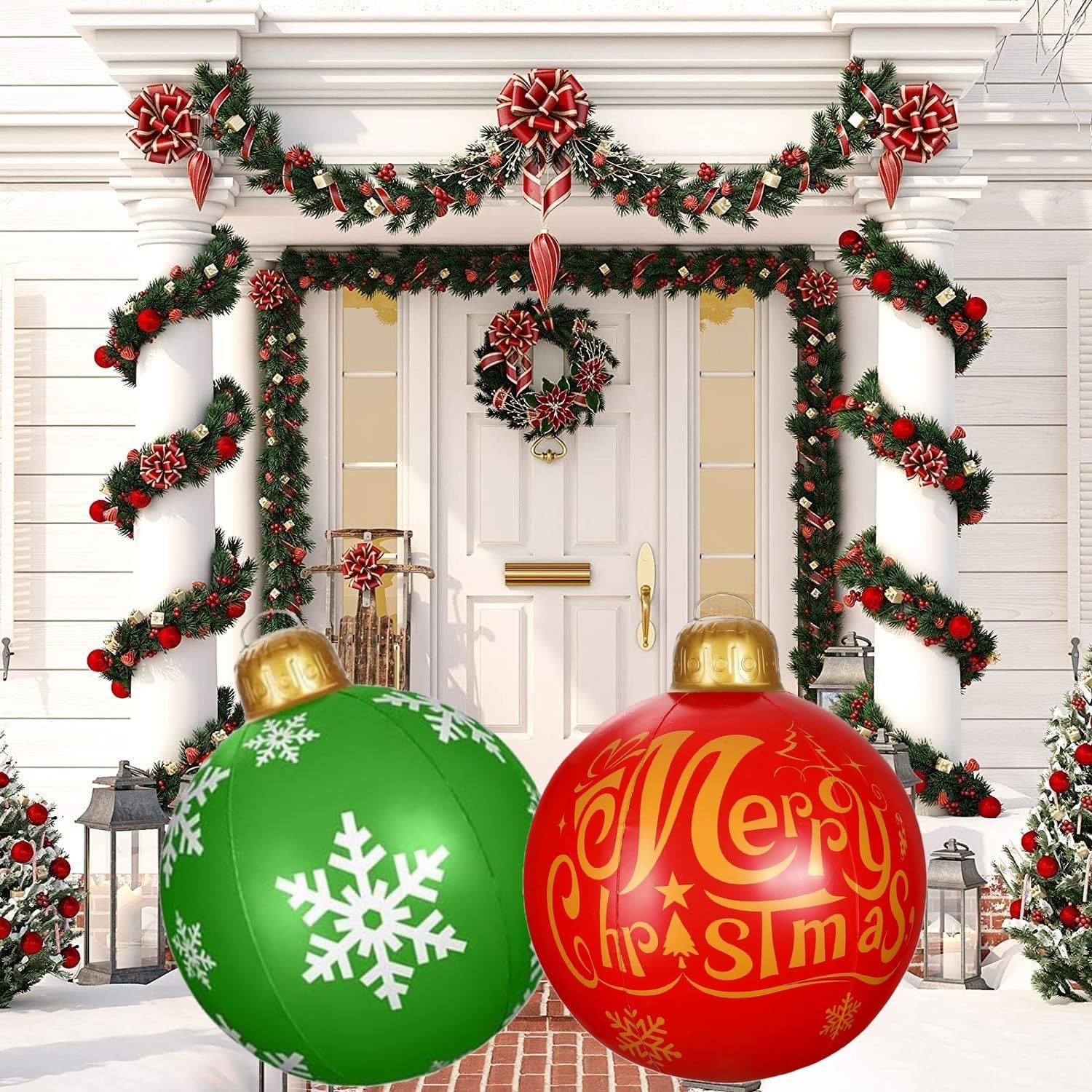 Kaheign Green And Red 2Pcs Giant Inflatable Christmas Balls, 60Cm Red Green Blow Up Decoration Ball Pvc Inflatable Holiday Ornament For Christmas Indoor Outdoor Home Garden Lawn Yard Porch Decoration