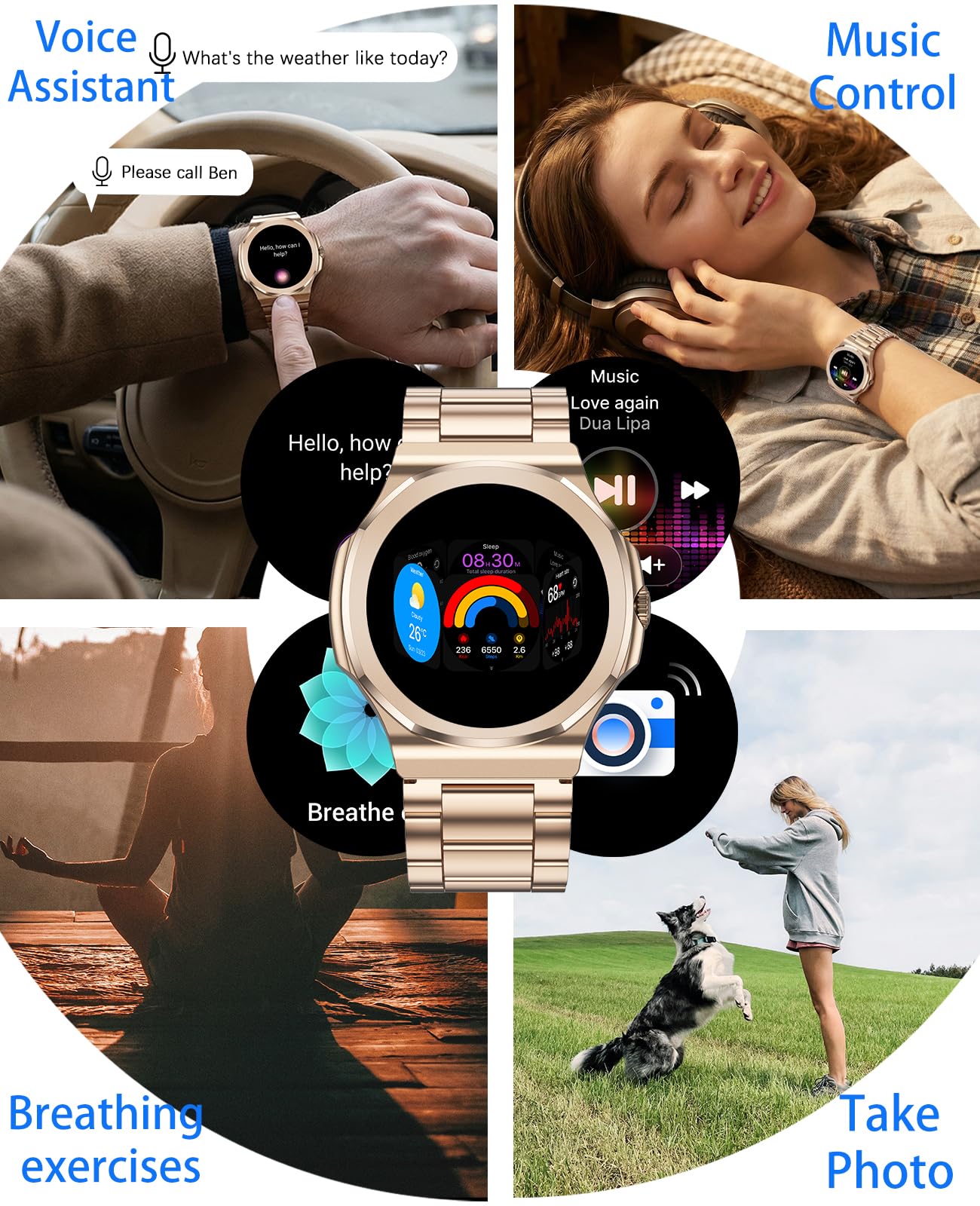 Smart Watch per uomo e donna, 1,25 pollici HD Fitness Tracker con Bluetooth chiamate/frequenza cardiaca/monitoraggio del sonno/100+ modalità sport, acciaio inox+cinturino in silicone per