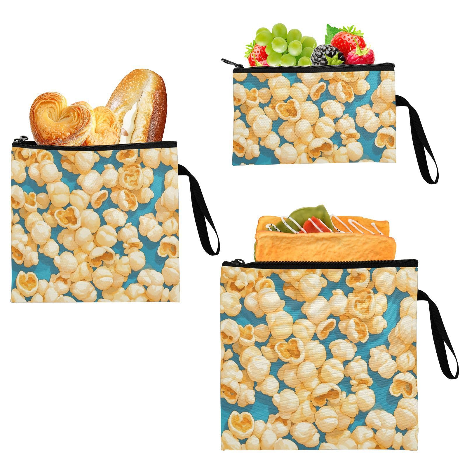 Snack Popcorn Yummy Yellow 3 Pcs Reusable Sandwich Bags Portable Emergency Snacks Makeup Bag for Camp Friends and Gear